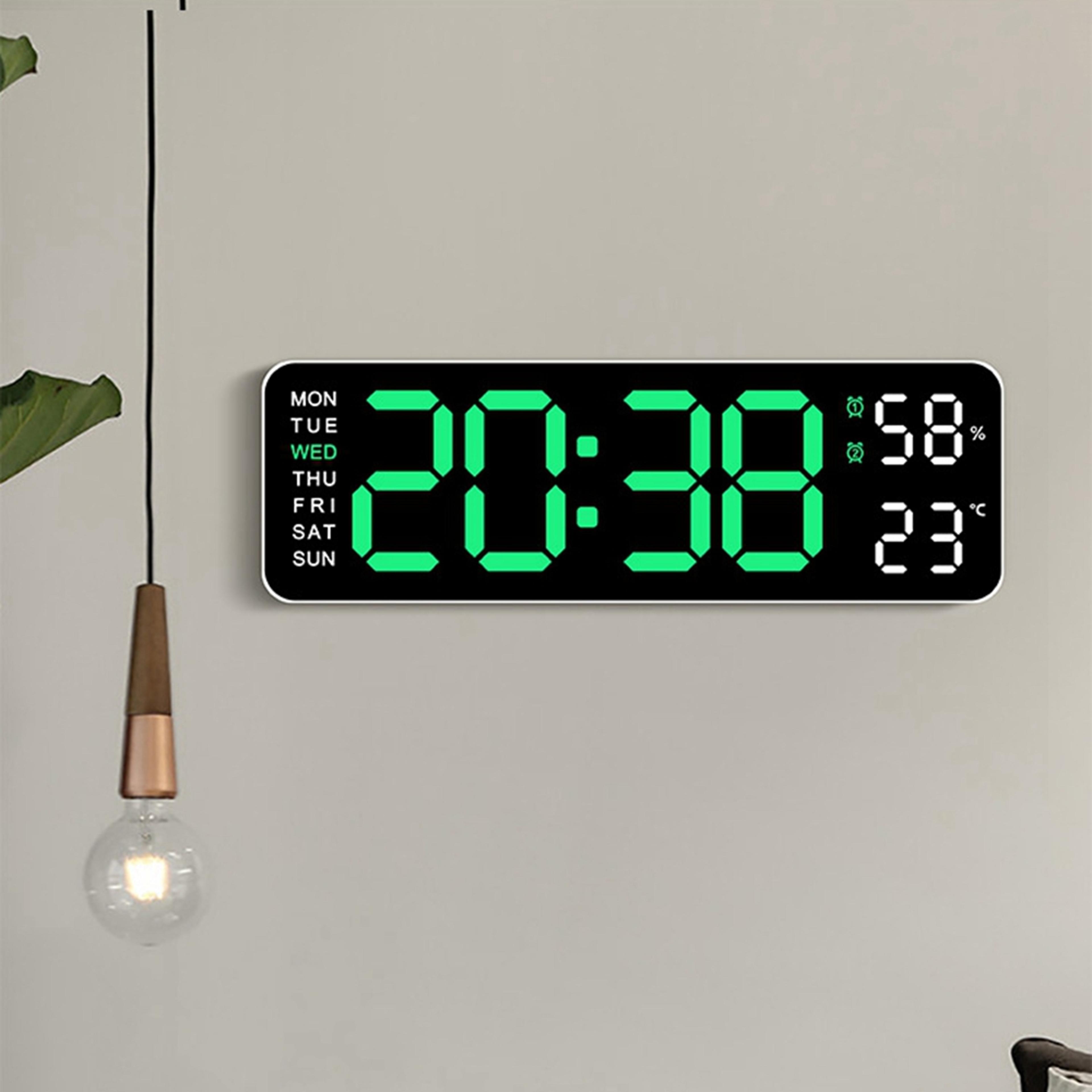 large led digital wall clock with temperature & humidity display, alarm, adjustable brightness