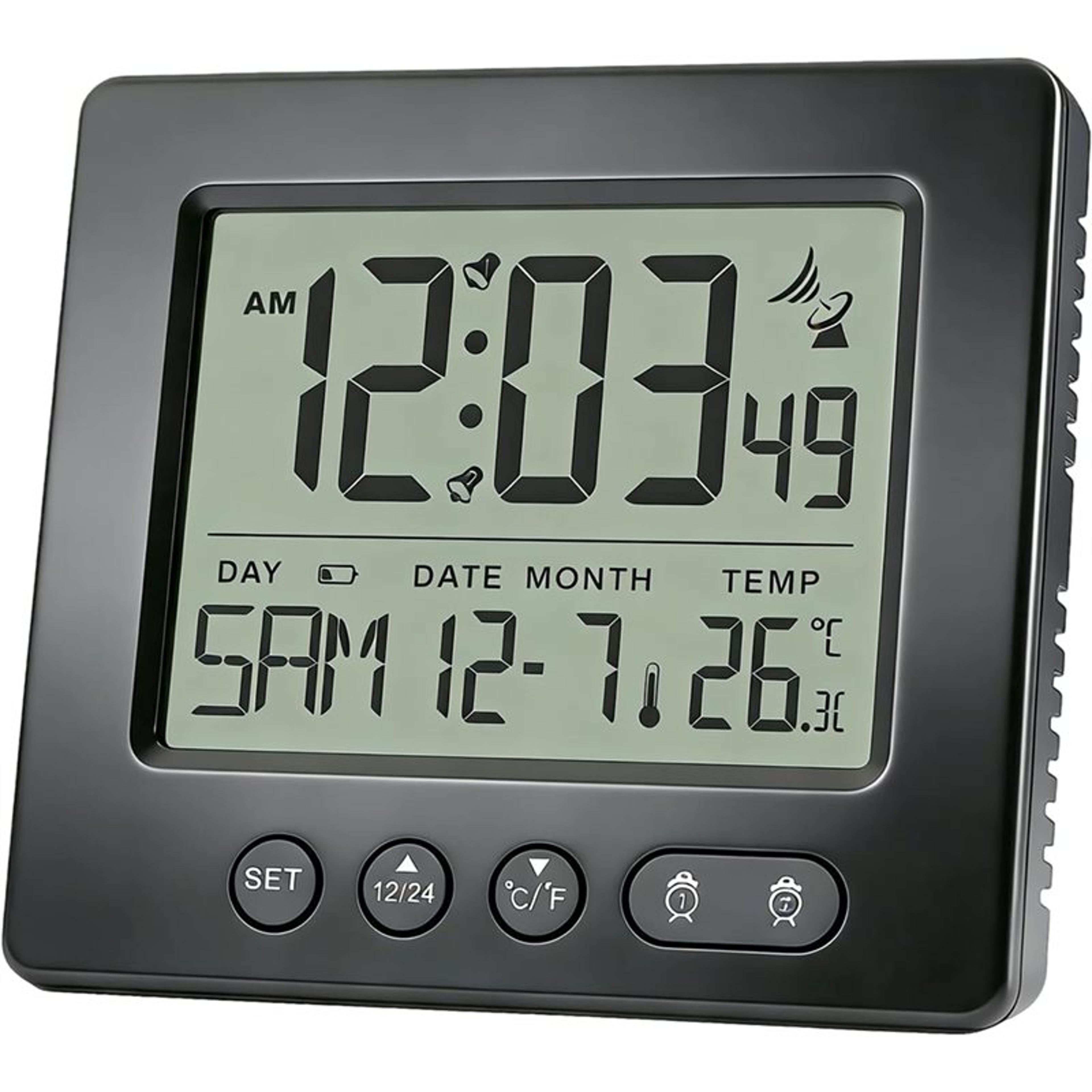 digital alarm clock with radio, thermometer & dual alarm radio controlled bedside clock