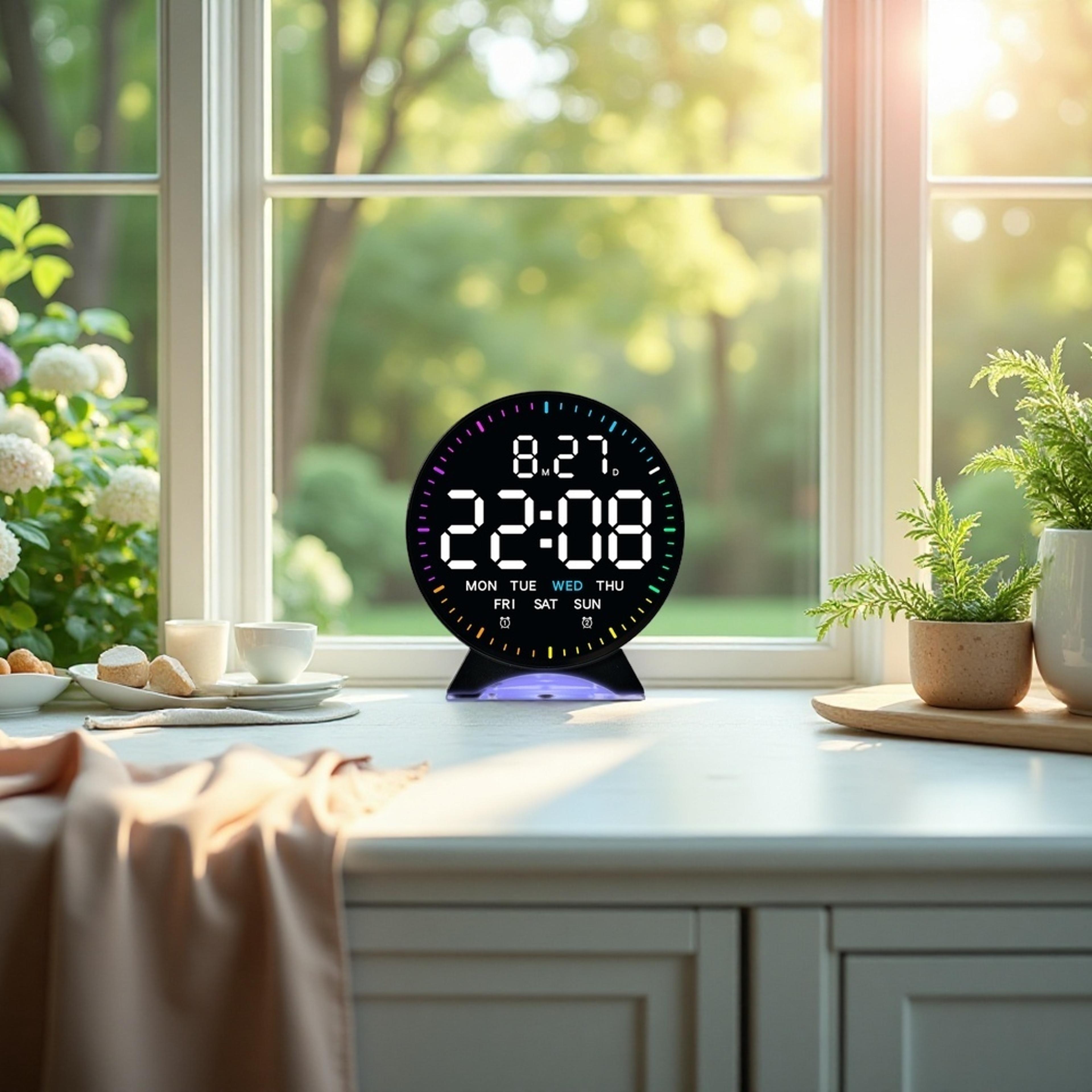 digital alarm clock with auto dimming, mood light & dual alarm led bedside clock