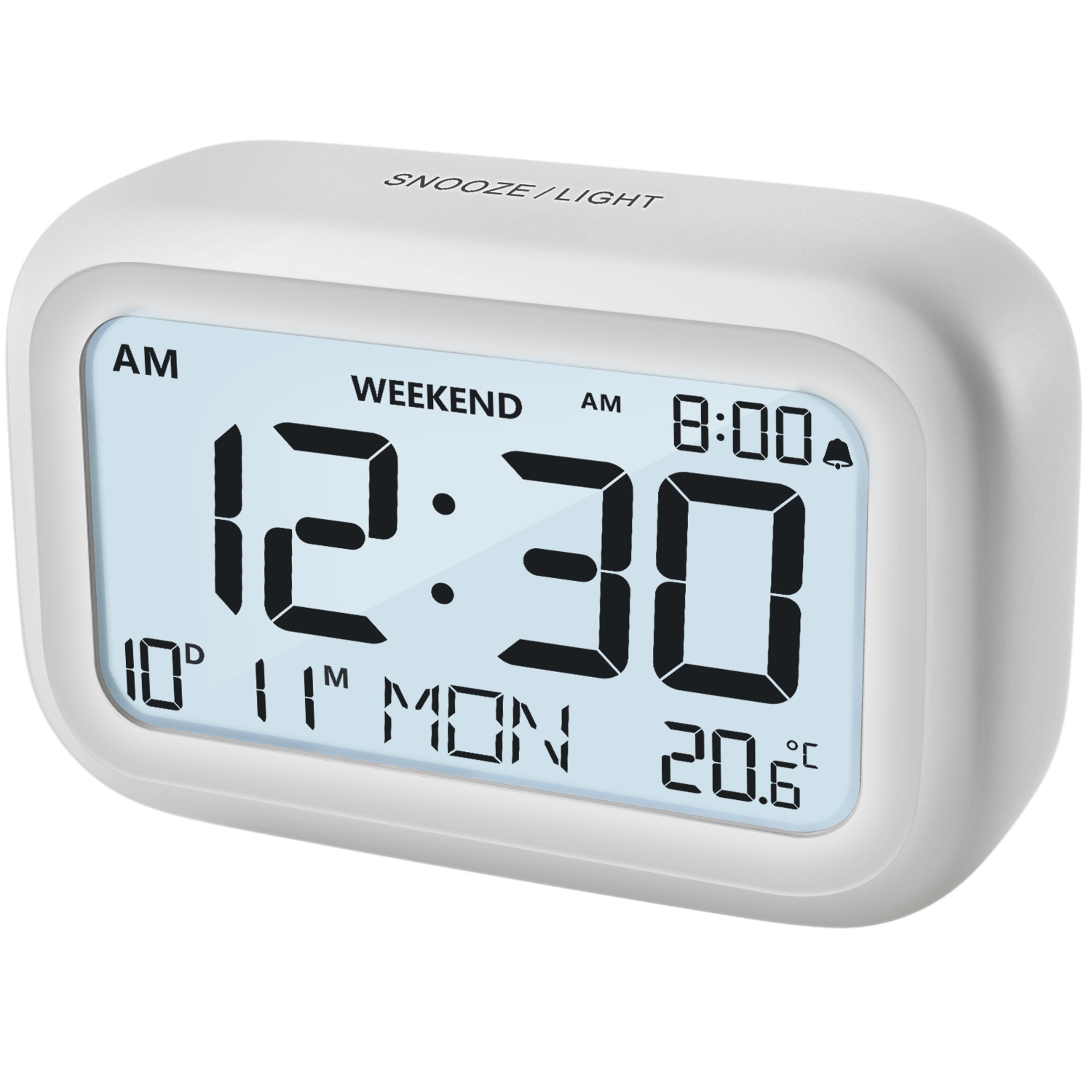 digital alarm clock with lcd display, calendar & temperature humidity monitor for bedroom & office