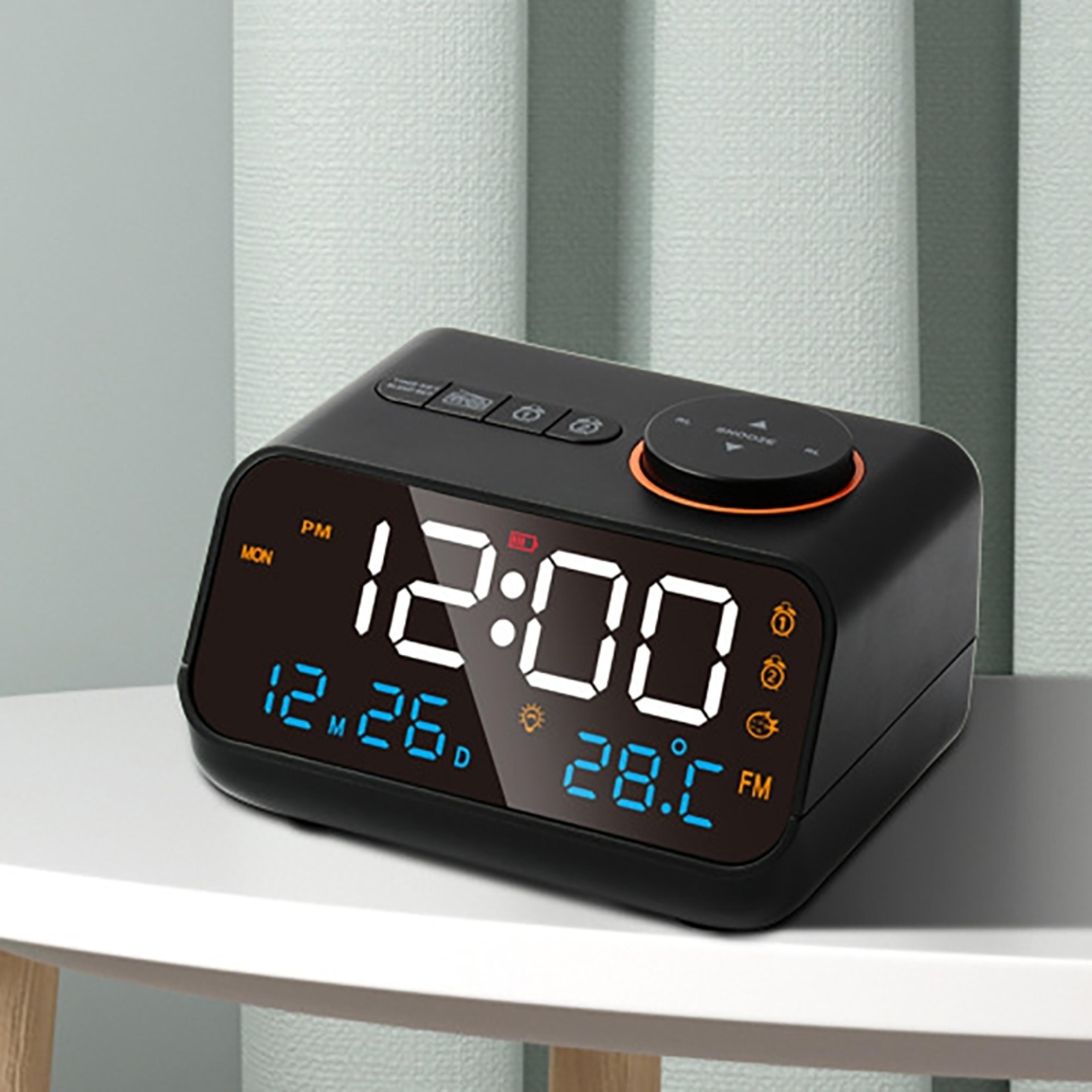led digital alarm clock with fm radio, usb power, acoustic sensor & modern bedside display