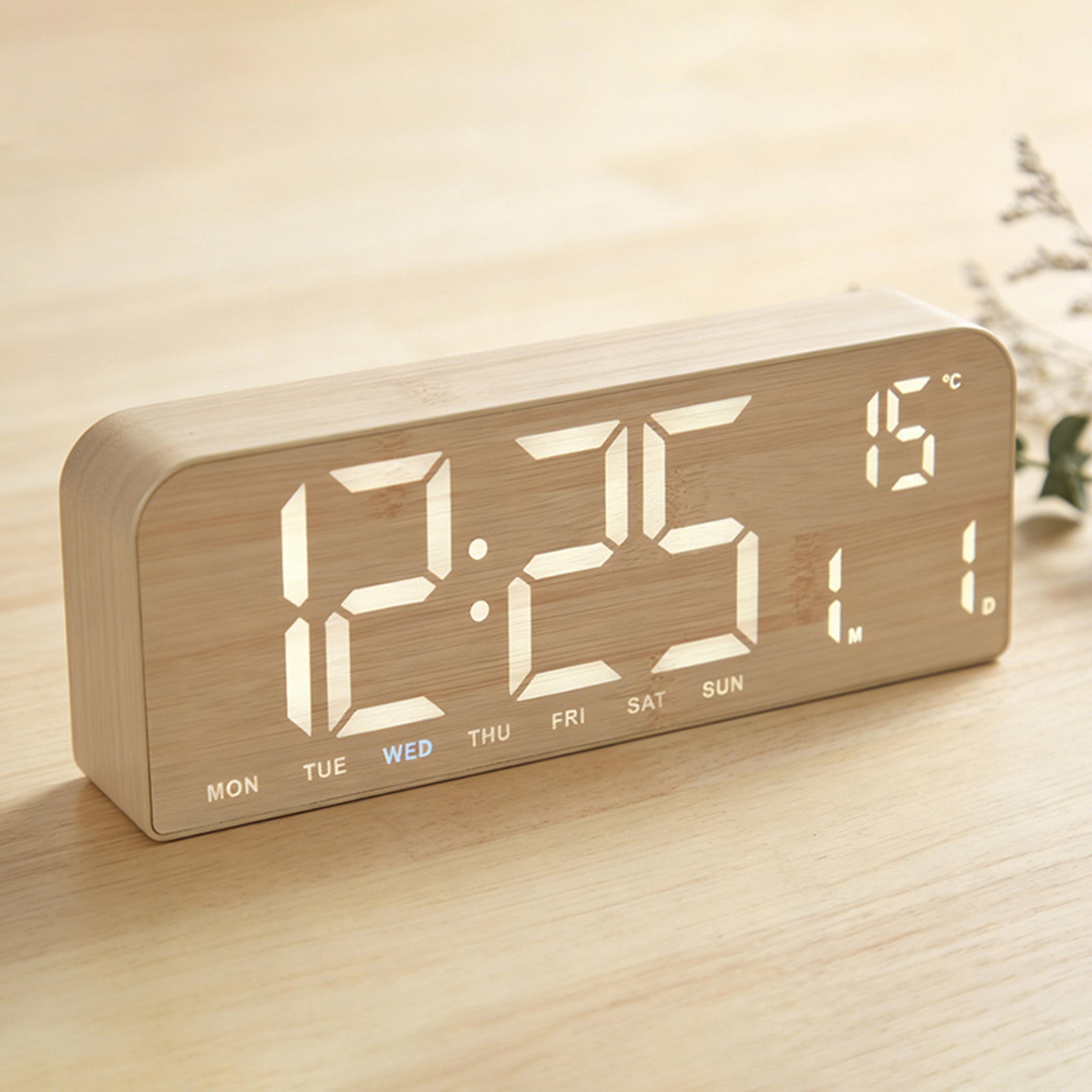 wooden digital alarm clock with led display, dual alarm, countdown timer & temperature display