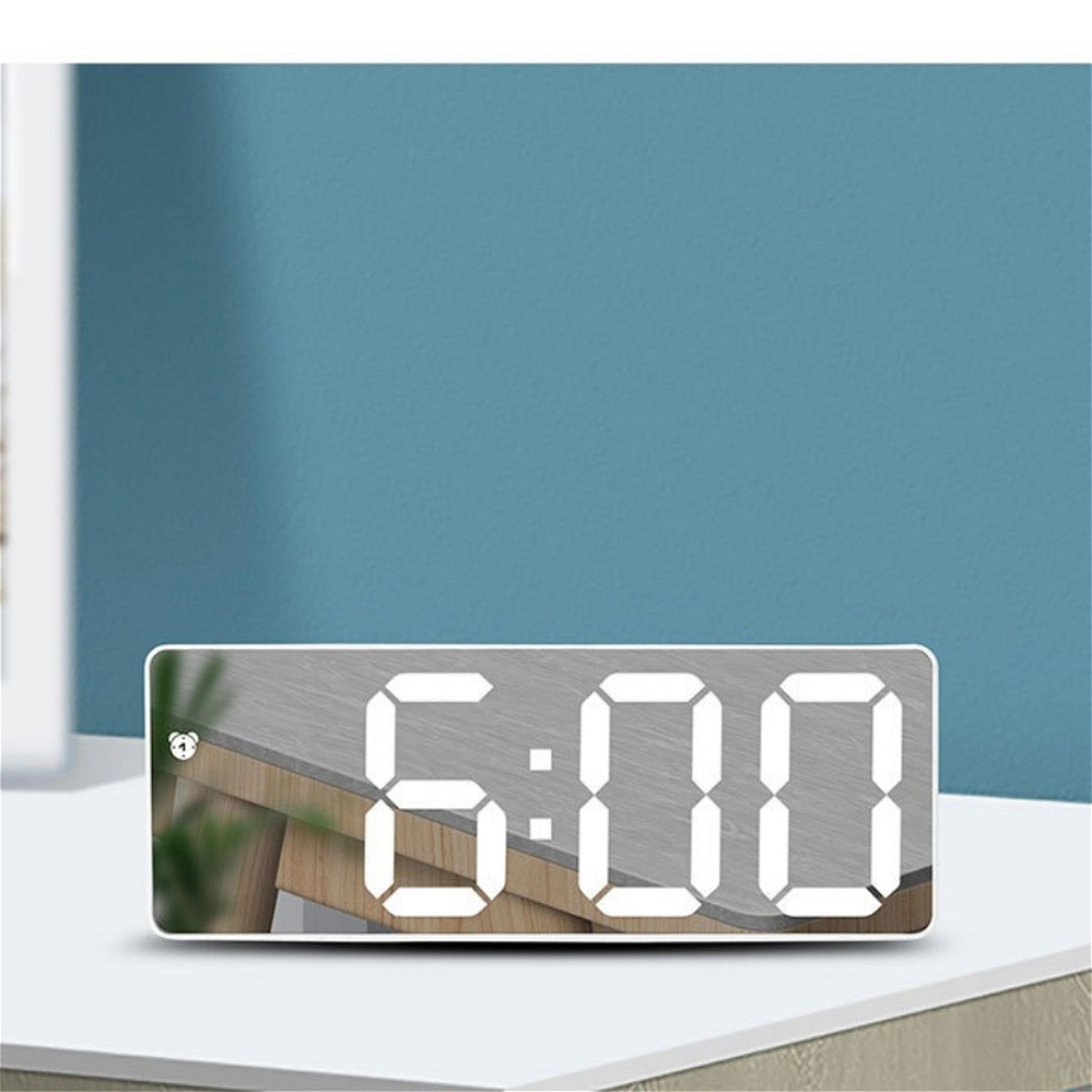 modern led digital alarm clock with mirror display, temperature monitor & snooze for bedroom