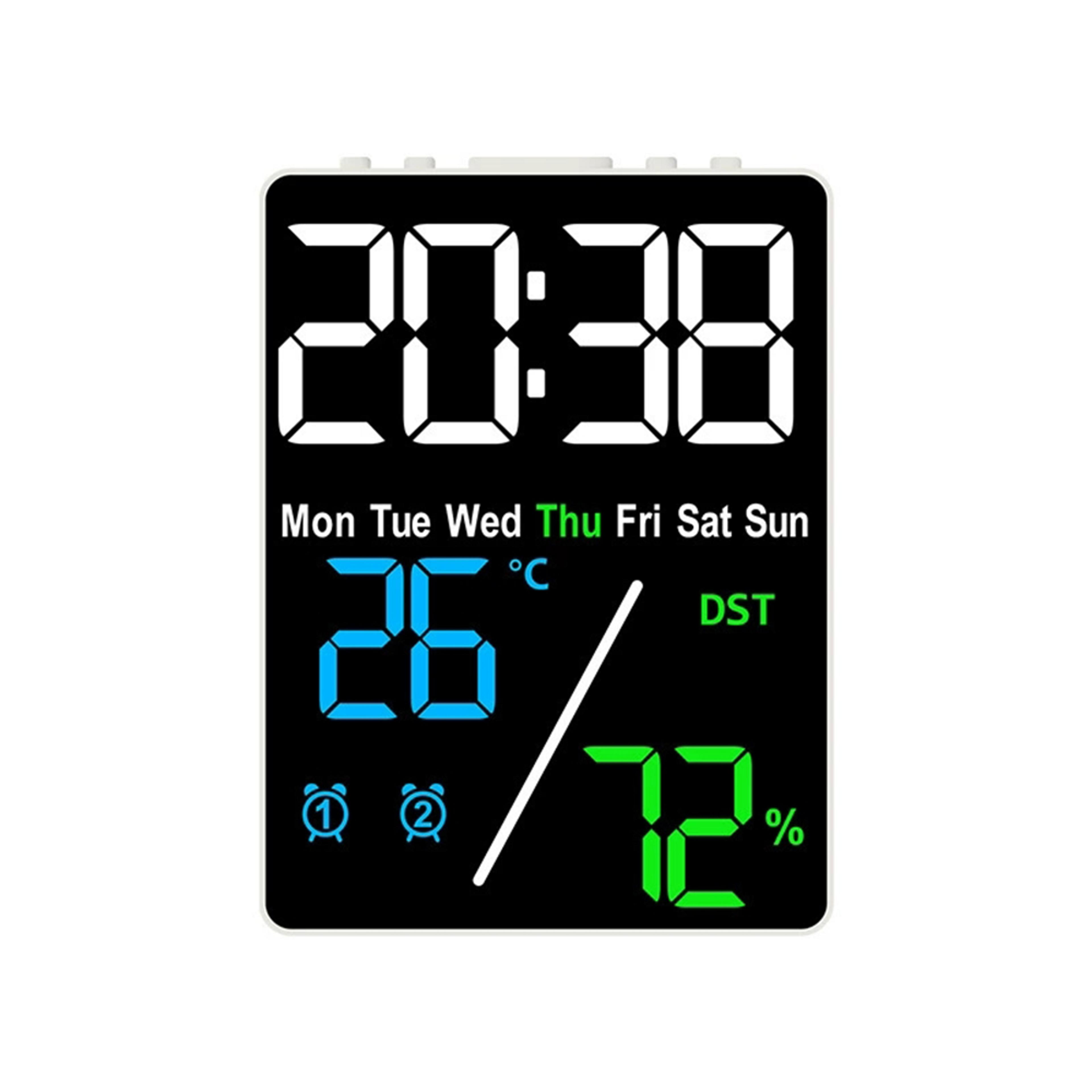 digital alarm clock with temperature humidity display, dual alarm & adjustable led brightness