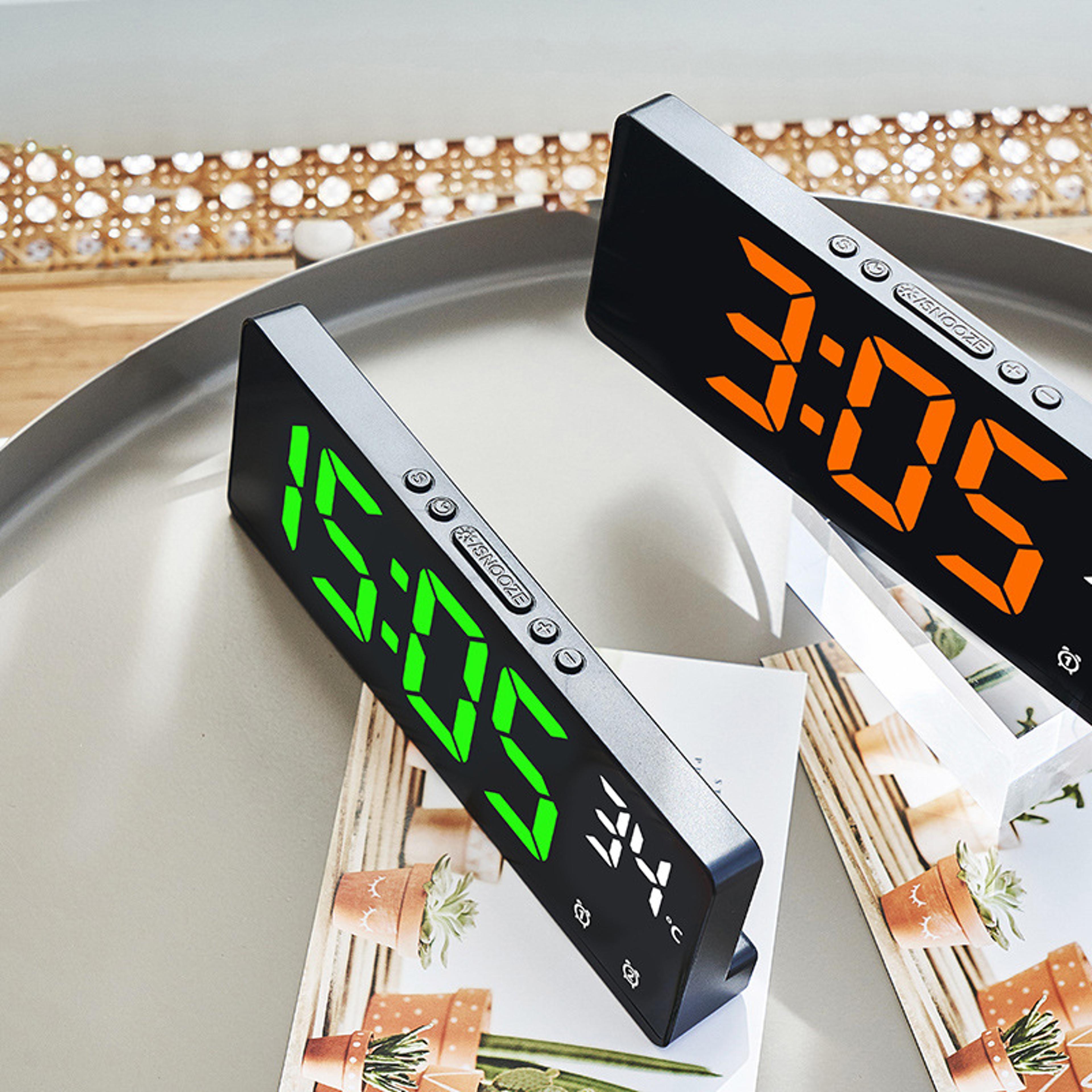 led digital alarm clock with large display, temperature calendar & smart night light