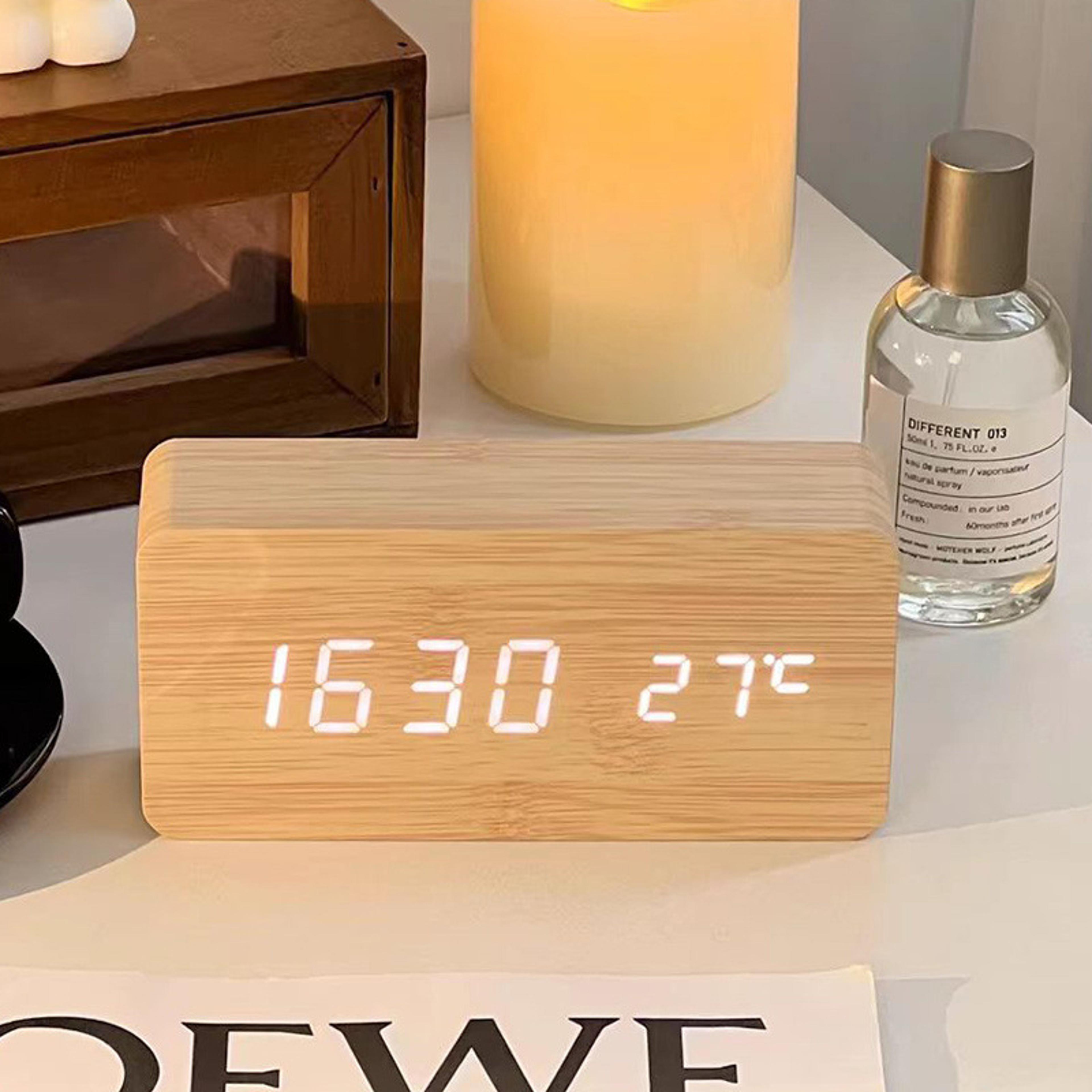 wooden digital alarm clock with led display & temperature for bedroom, office & desk