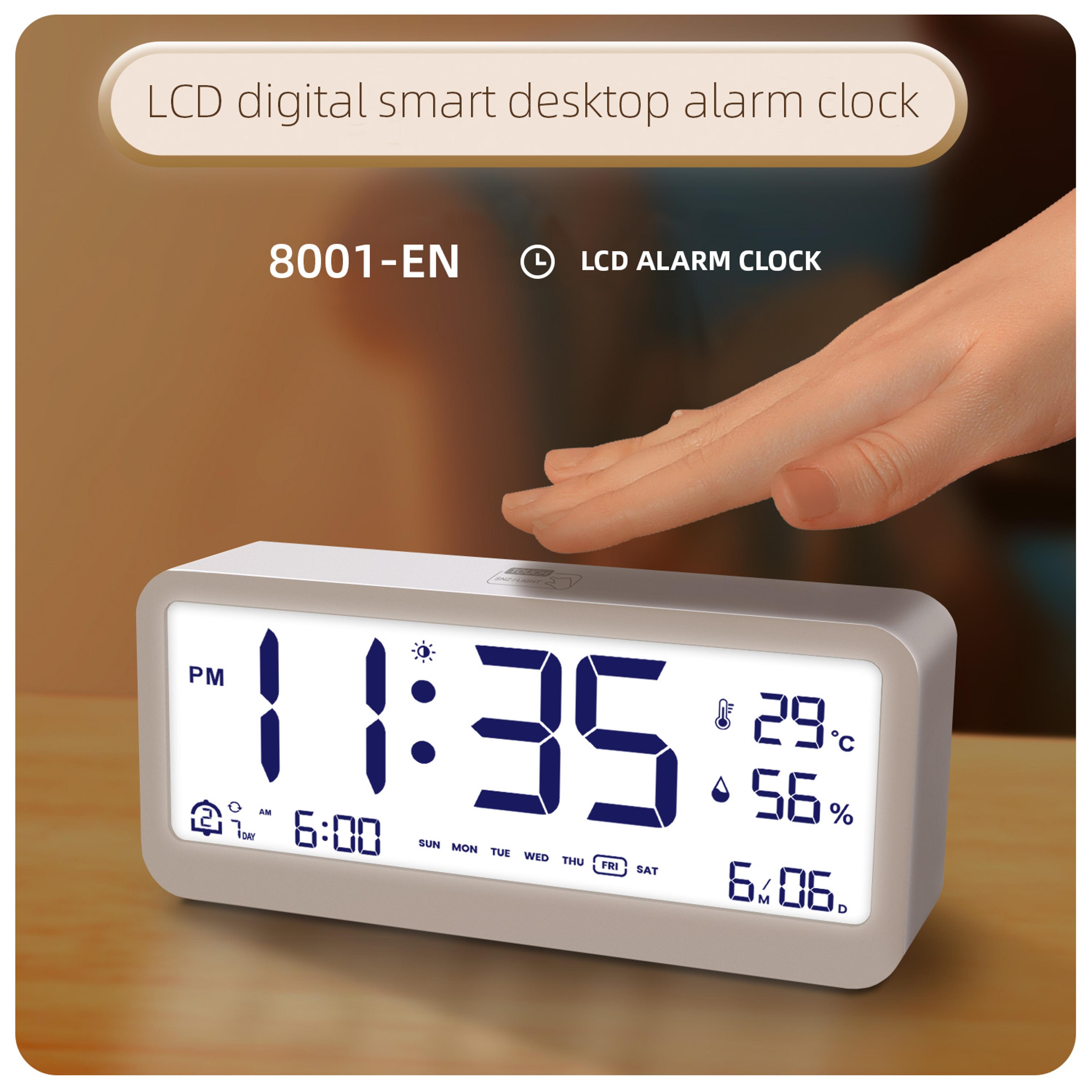 smart led digital alarm clock with dual alarms, temperature humidity display & adjustable brightness