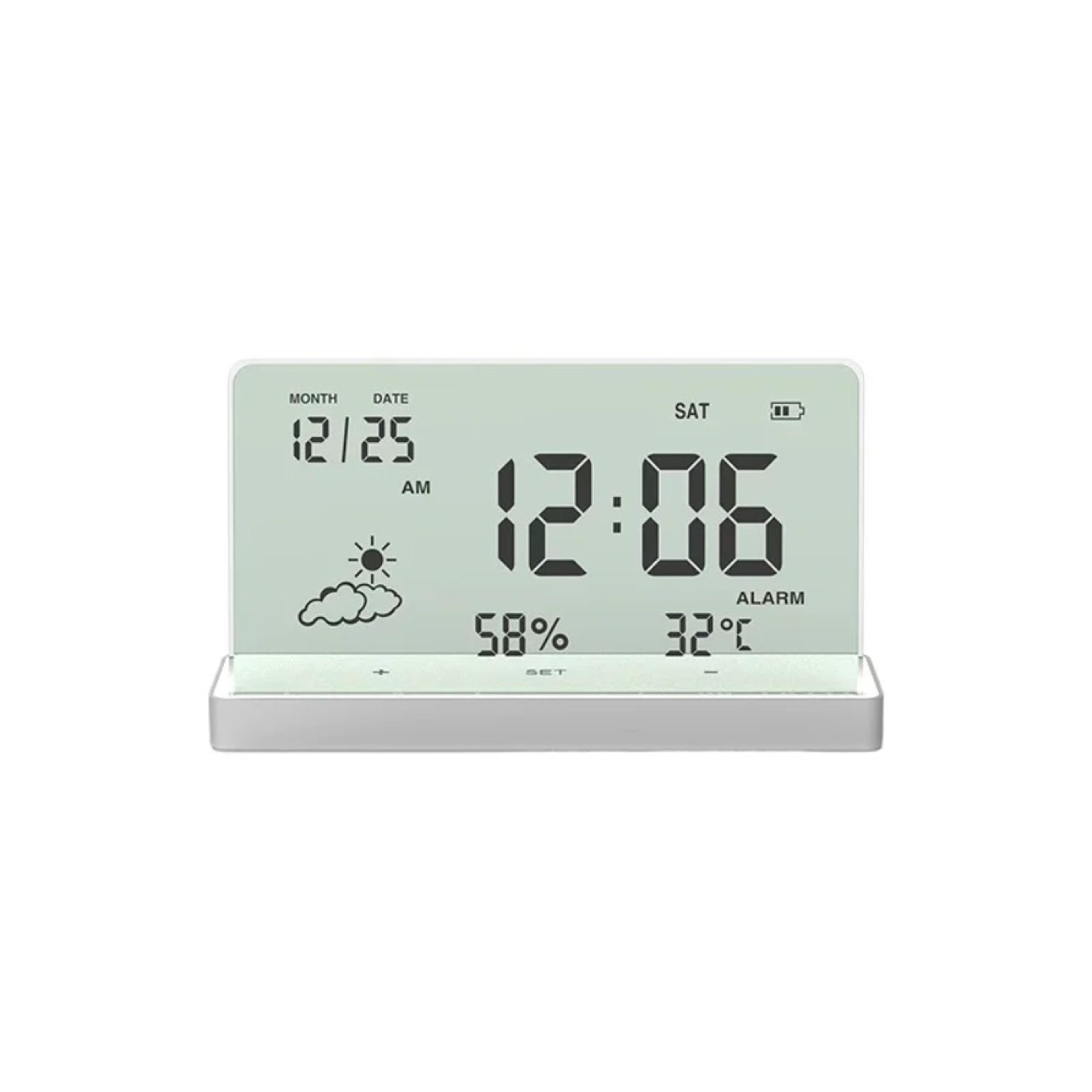 transparent digital alarm clock with temperature, humidity & date display for desk and bedside