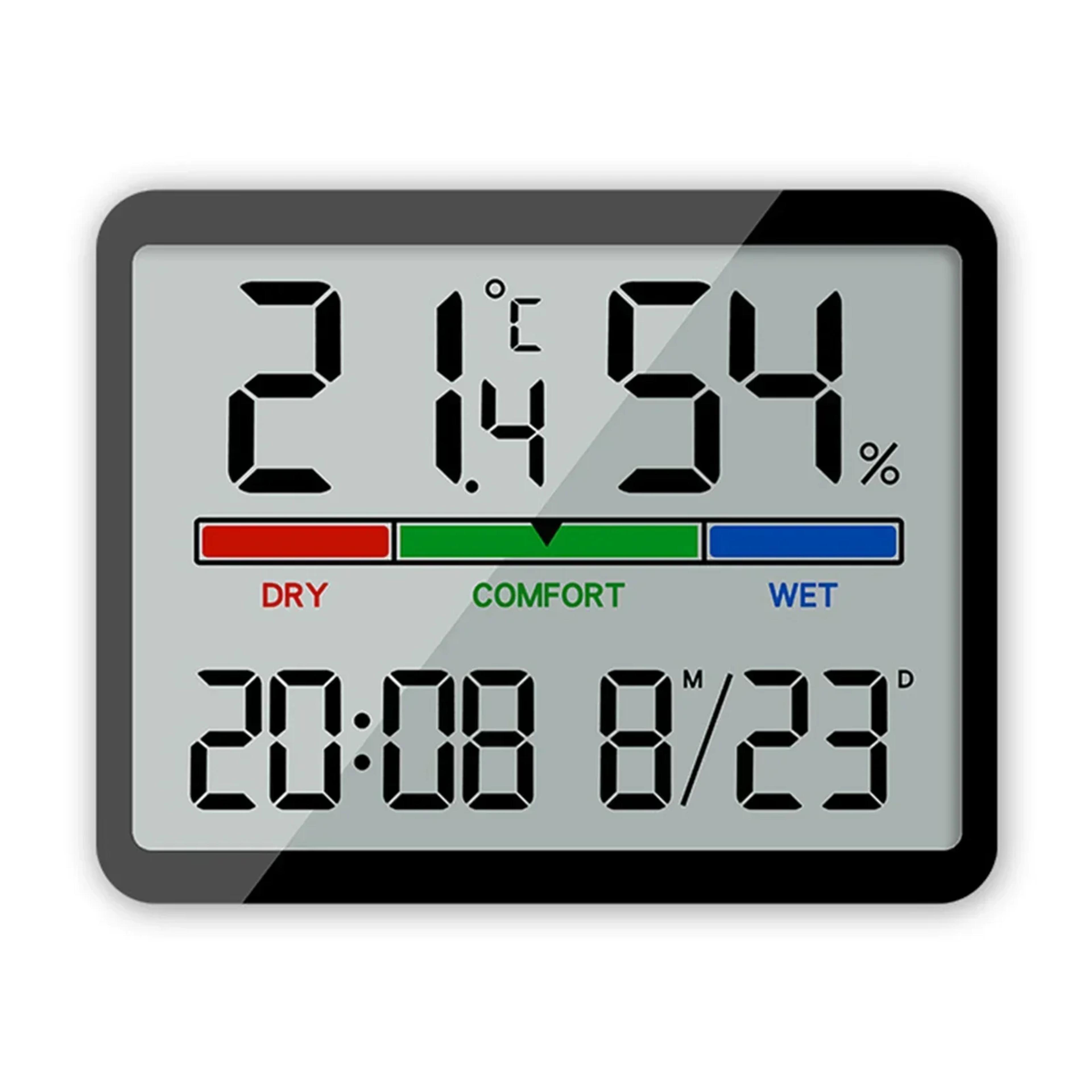 digital alarm clock with lcd display, indoor thermometer hygrometer & magnetic wall mount