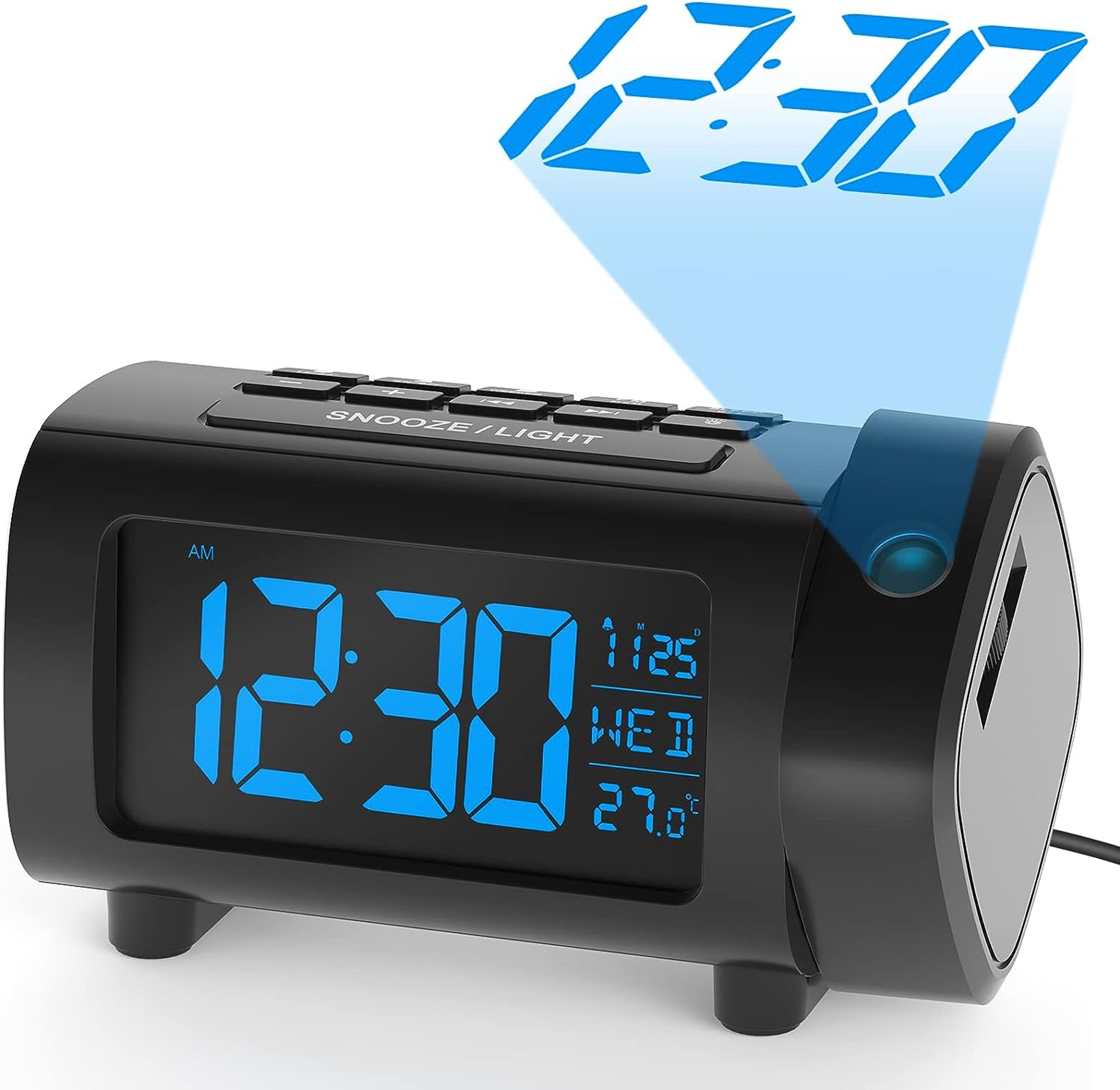 projection alarm clock with fm radio, usb charging & snooze digital bedside clock