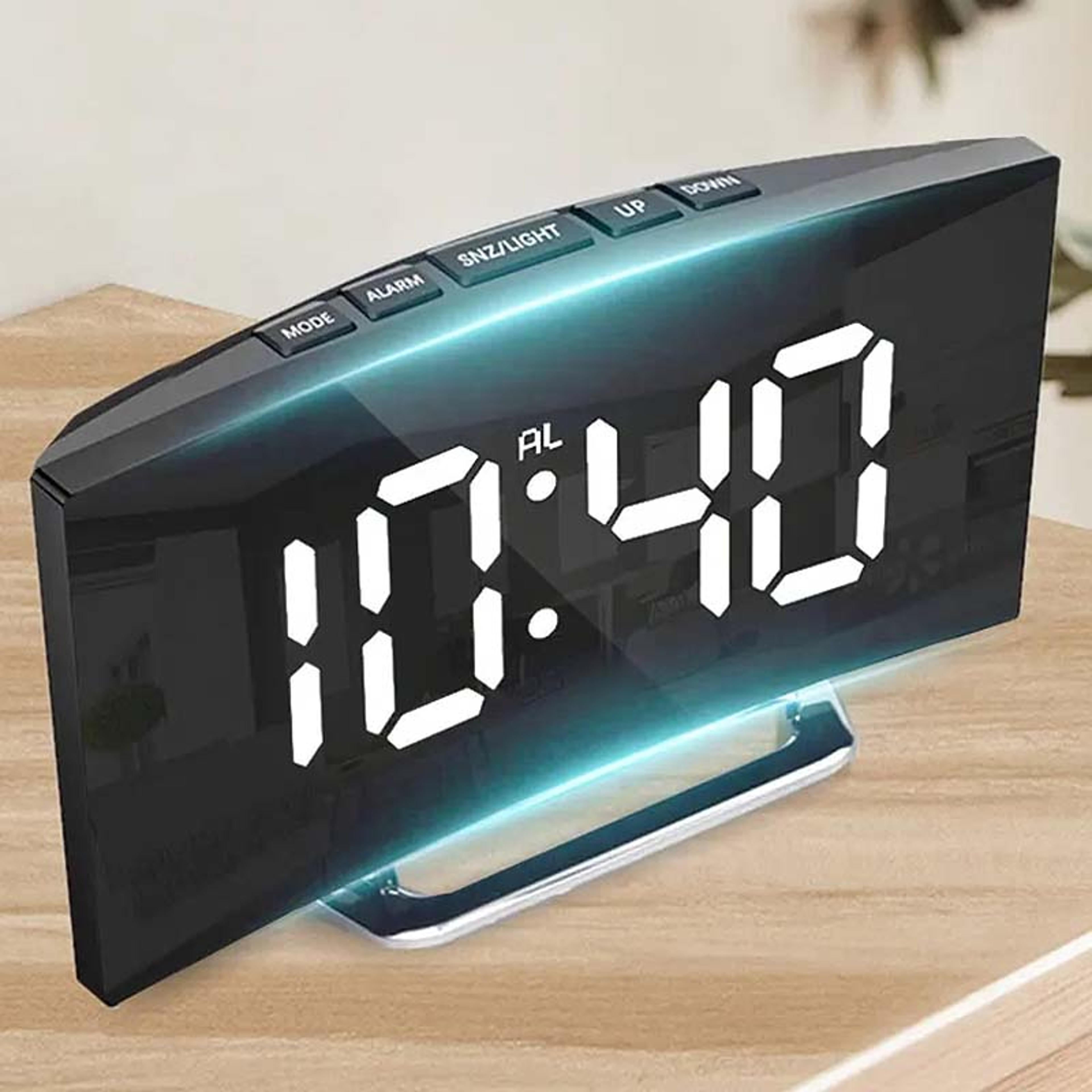 curved led digital alarm clock with mirror display, snooze & temperature for bedside table