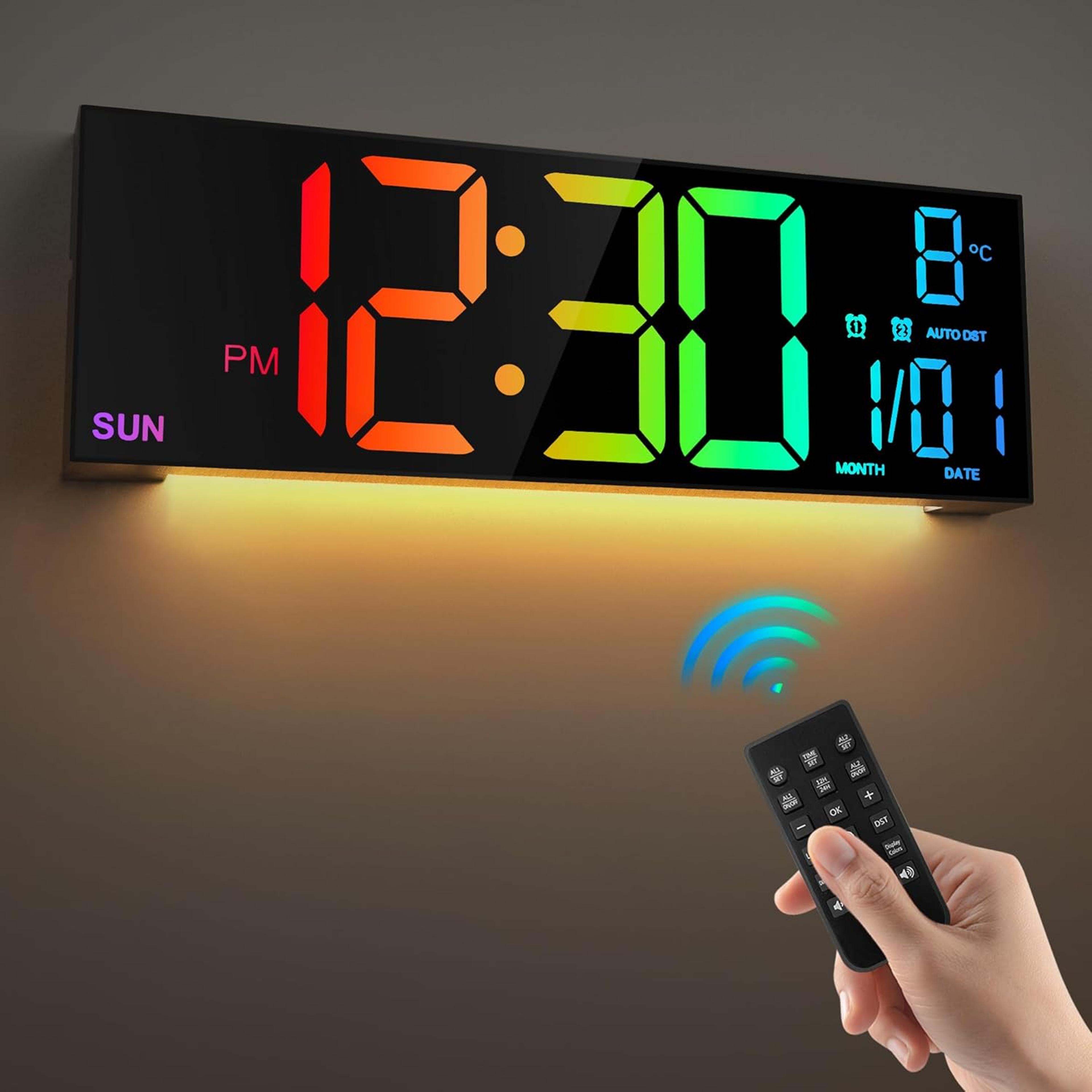large digital wall clock with remote control, dual alarm, rgb colors & auto brightness