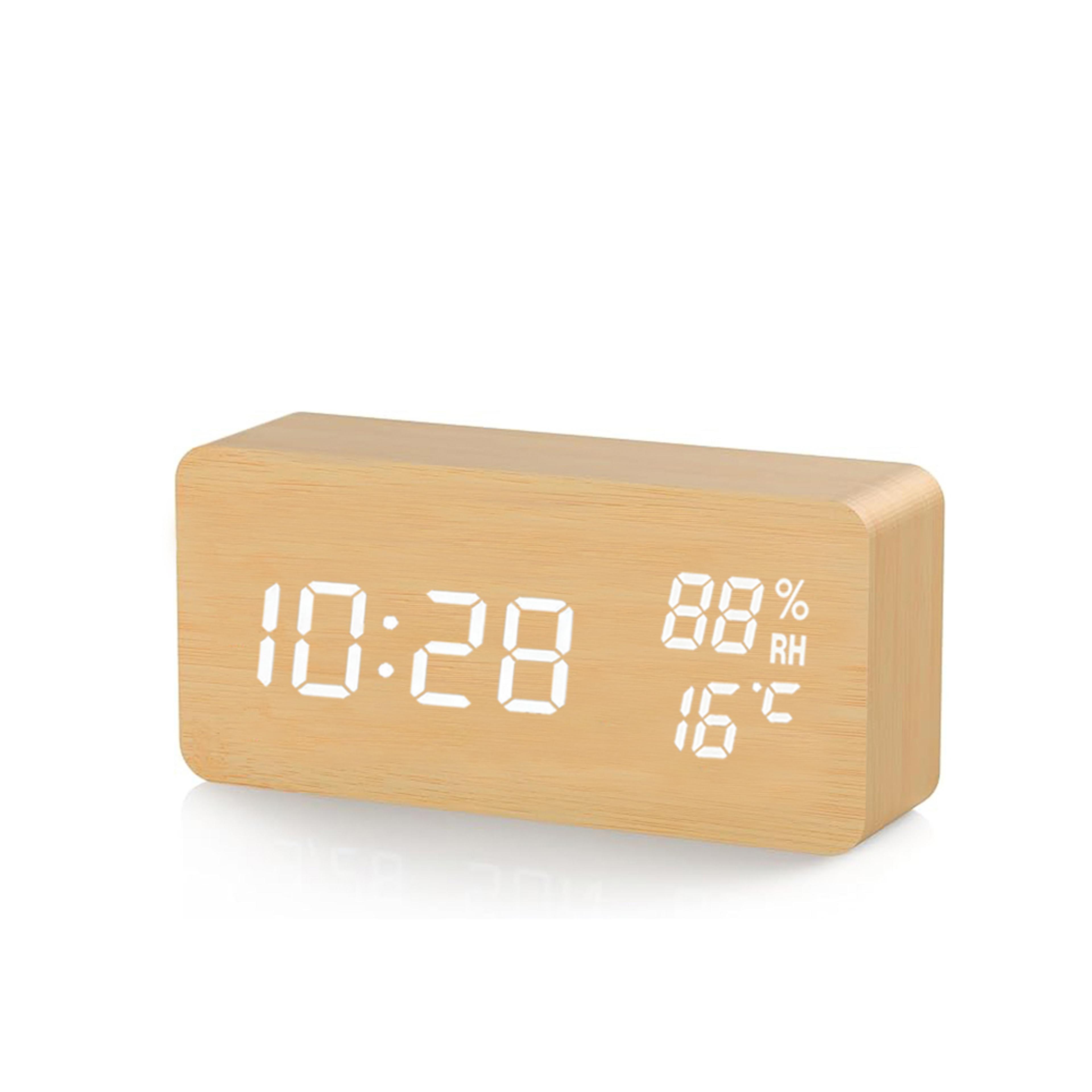 wooden digital alarm clock with led display, temperature humidity monitor & bedside desk design