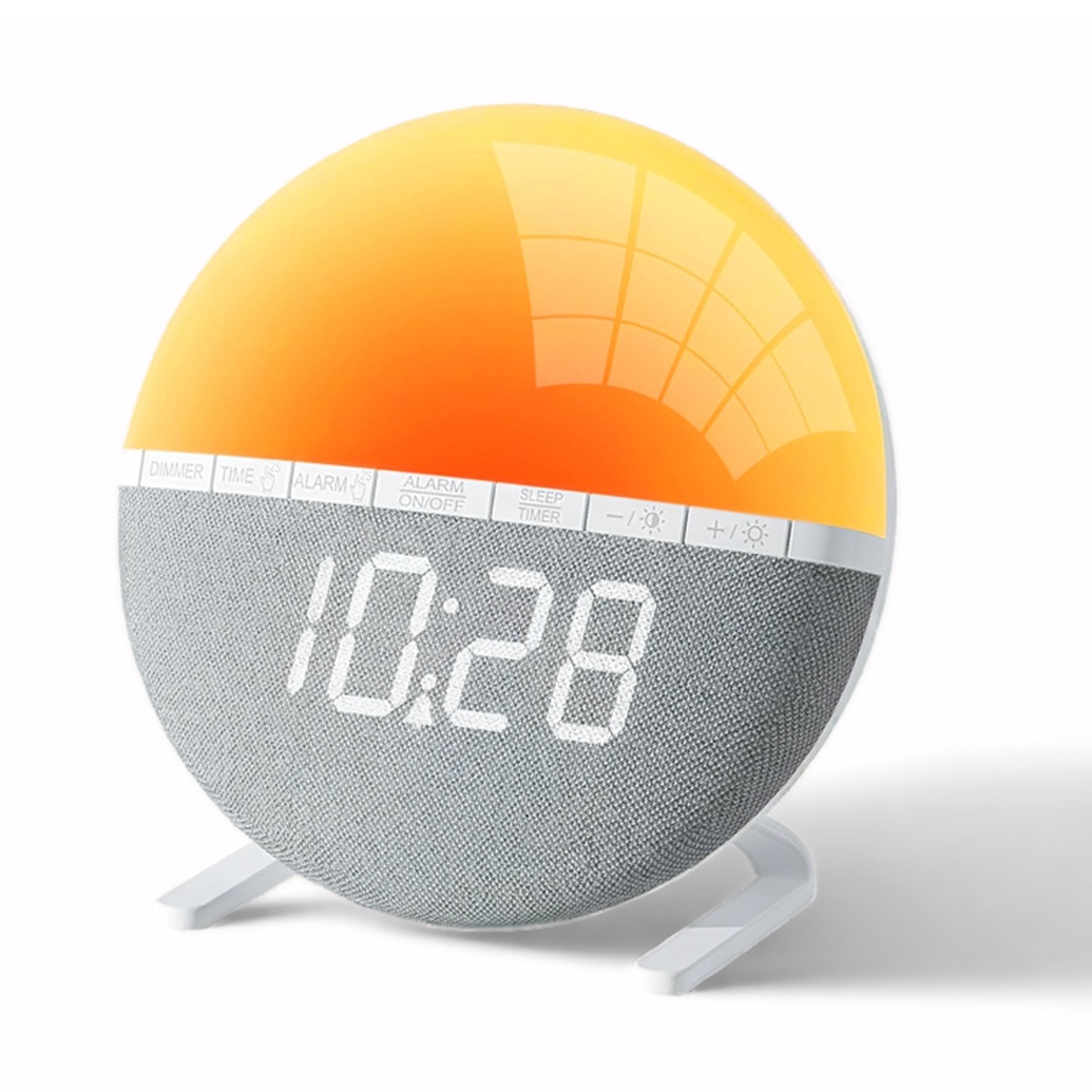 sunrise alarm clock with wake up light, natural sounds & color changing bedside lamp