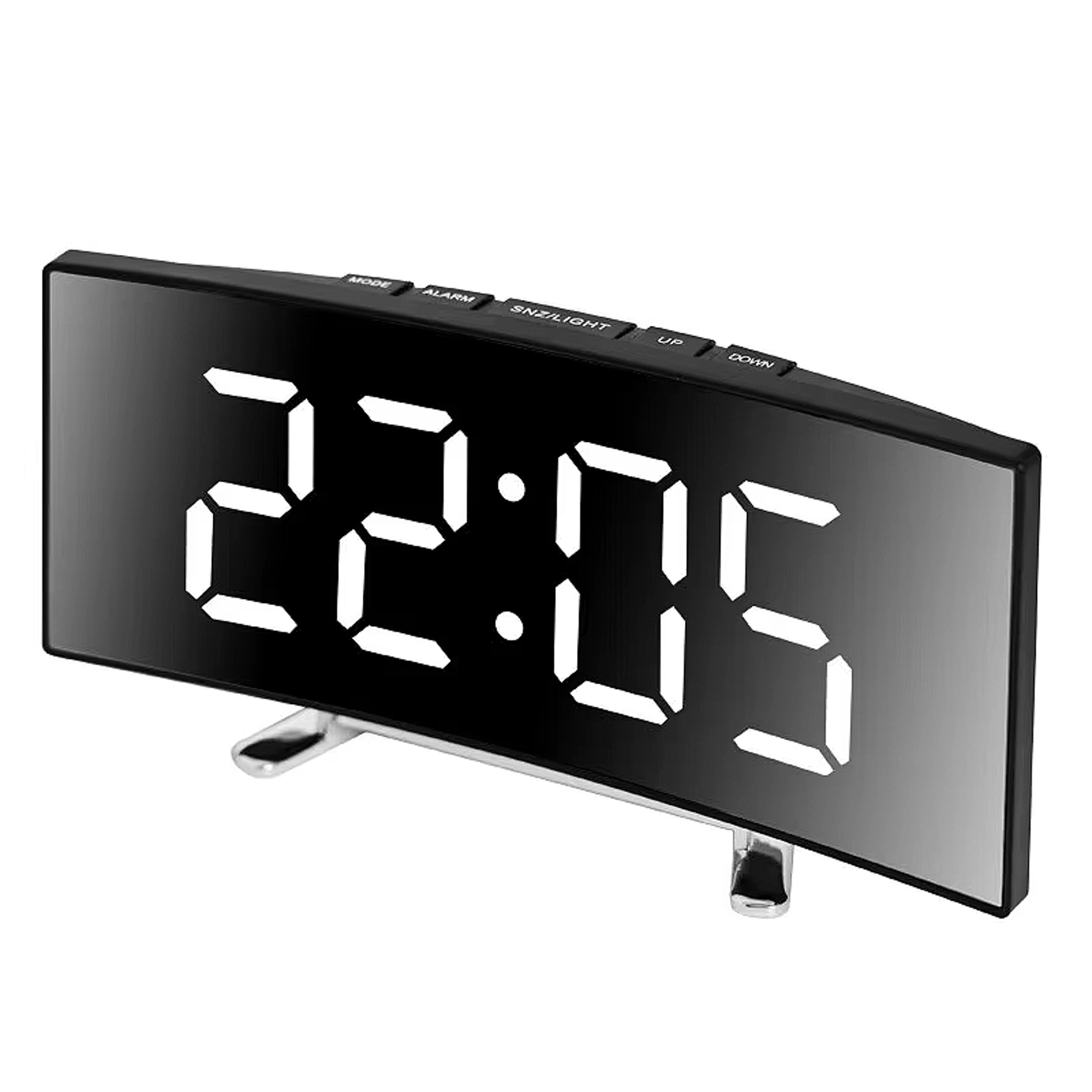 curved led mirror alarm clock with large display, usb & battery powered digital bedside clock