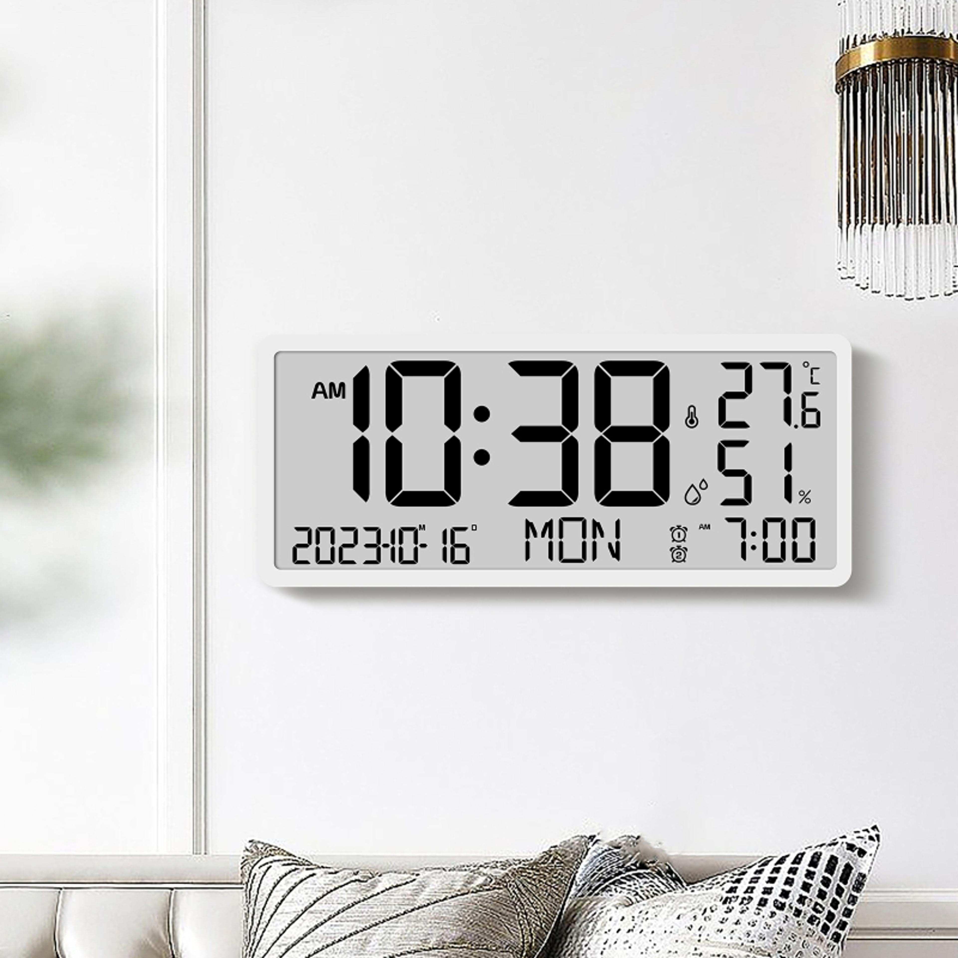 large display digital wall clock with lcd screen, temperature, humidity & alarm