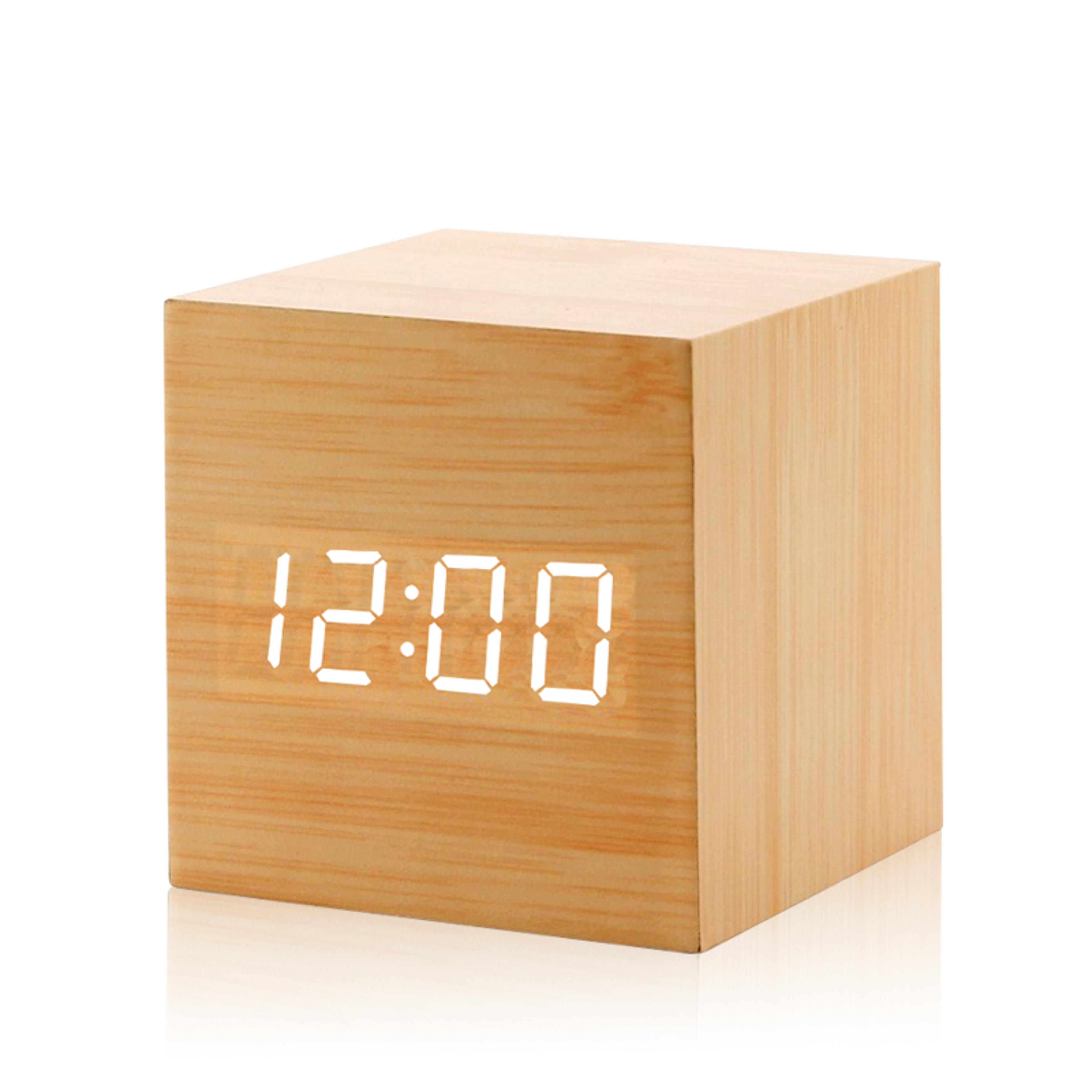 wooden digital alarm clock with voice control led display usb powered bedside clock