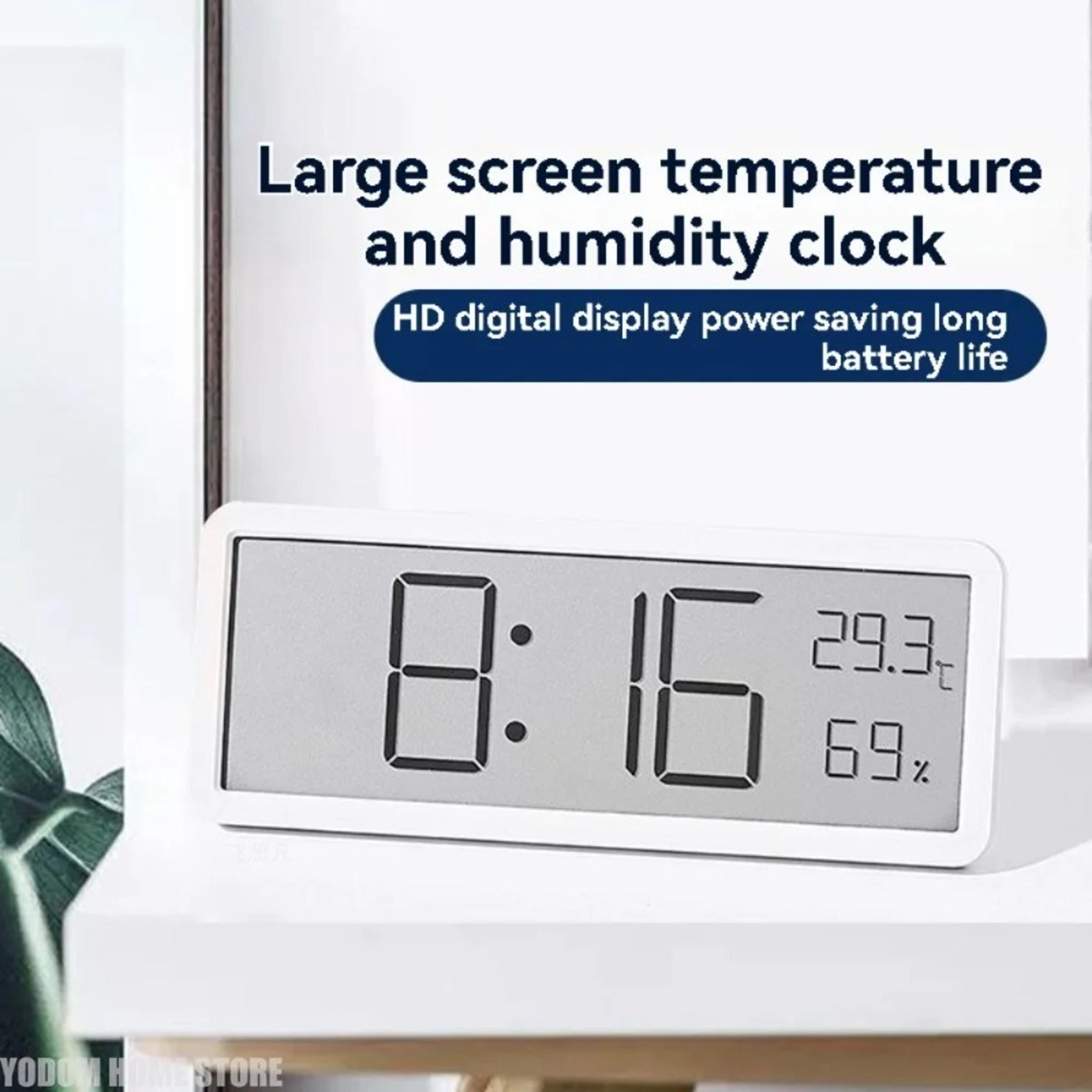 lcd digital wall clock time temperature humidity display electronic desk clock battery powered home office decor
