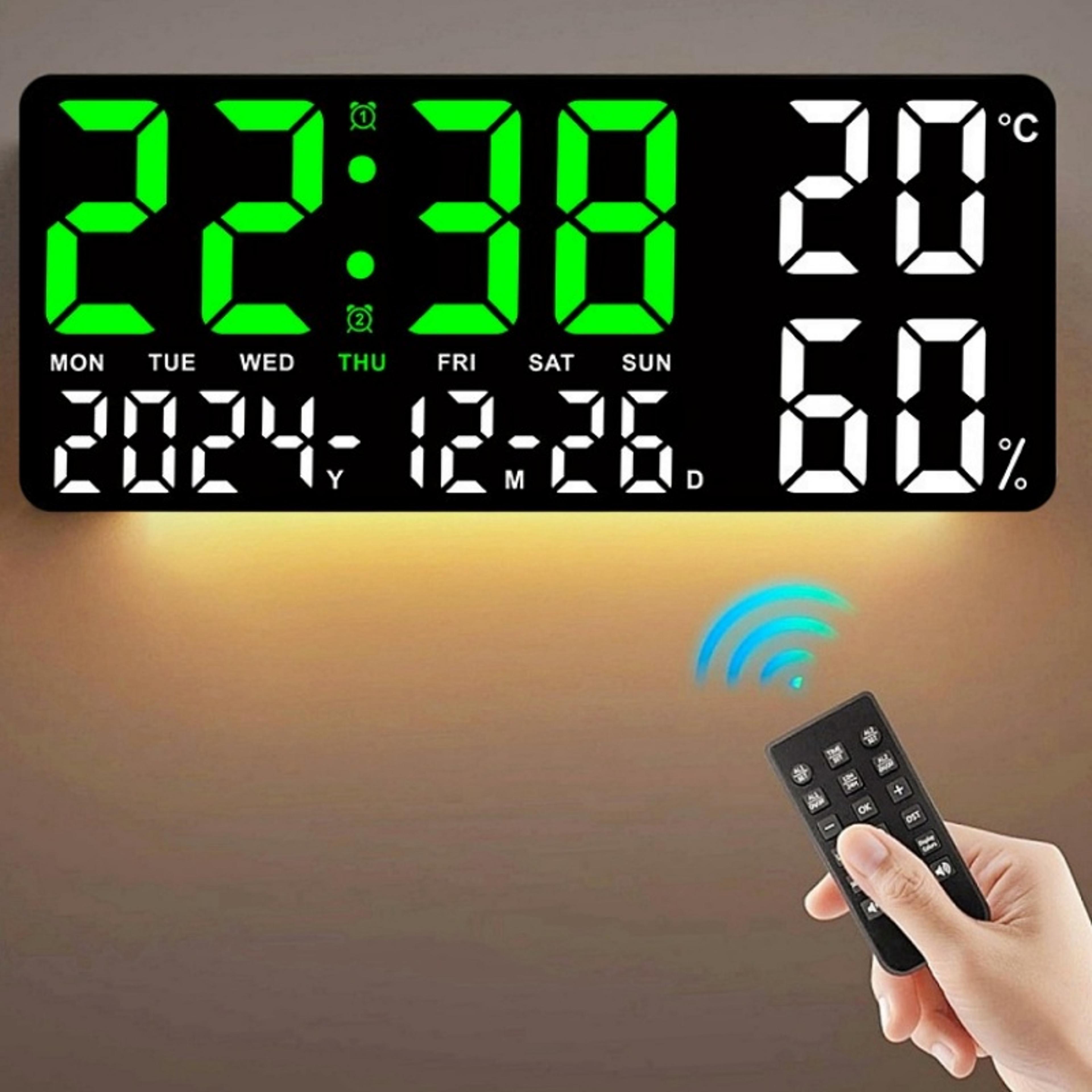 large digital wall clock with rgb mood light, dual alarm, temperature & humidity display