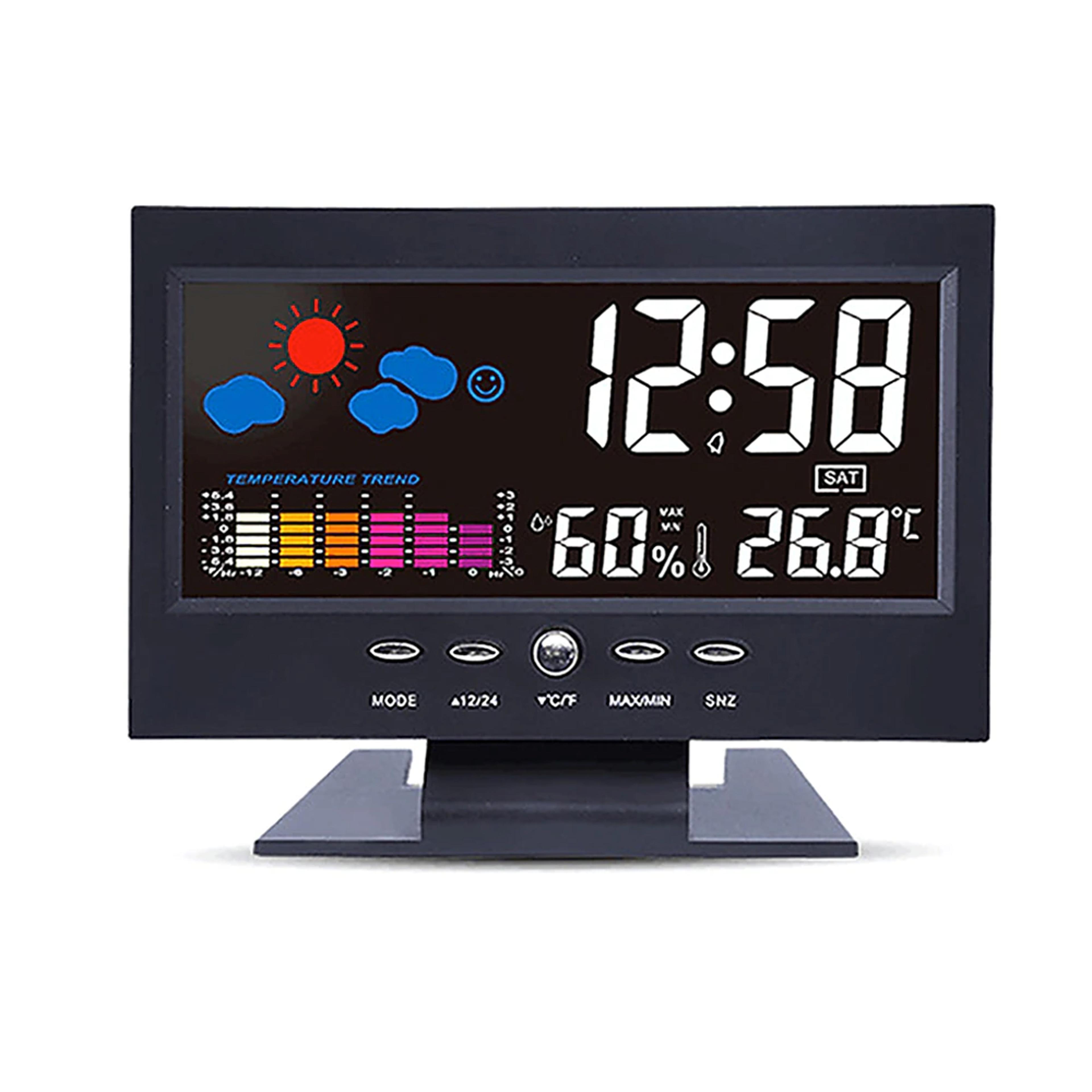 smart digital weather station clock with temperature, humidity, calendar & voice activated backlight