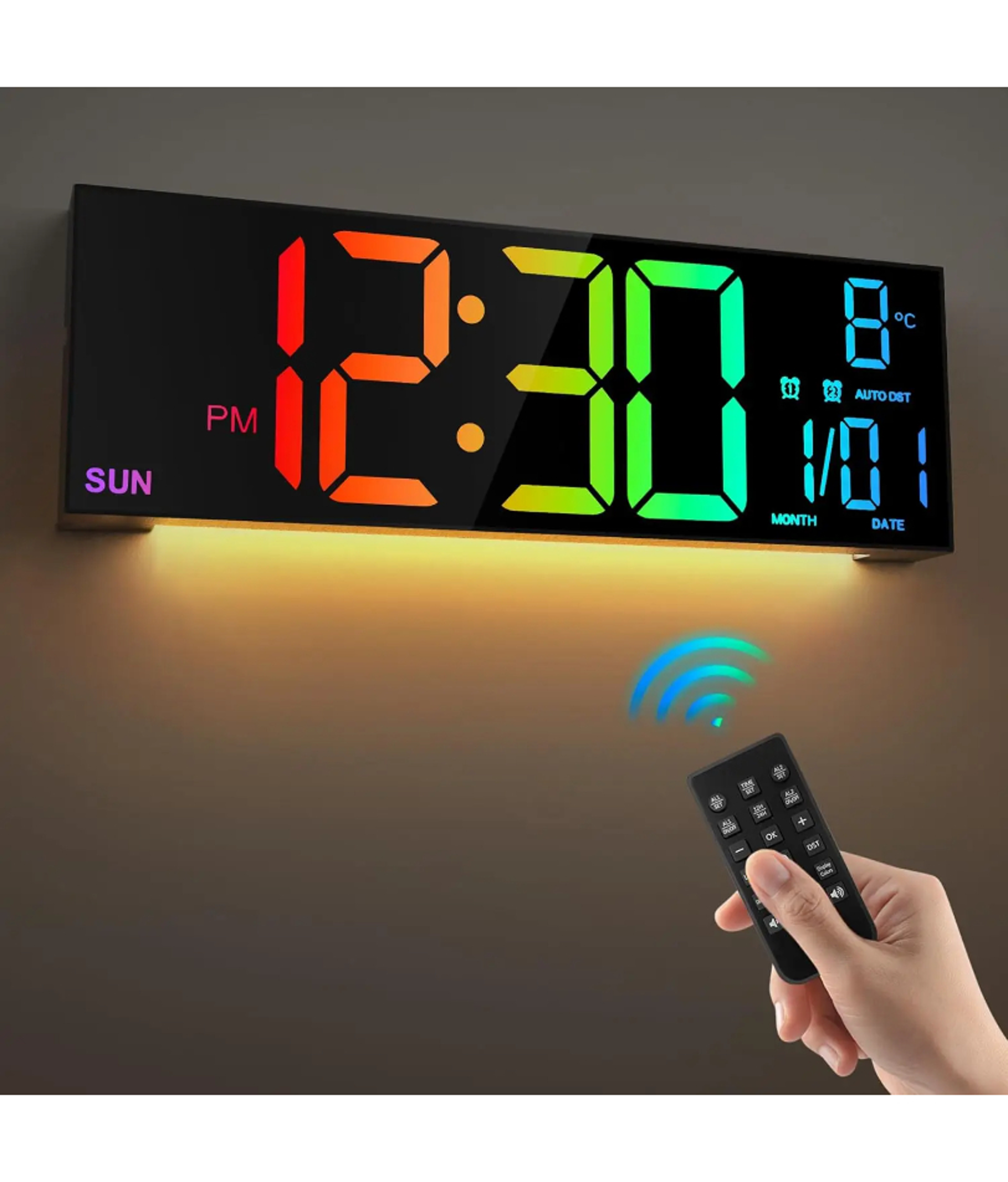 large digital wall clock with remote control, rgb led display & dual alarm