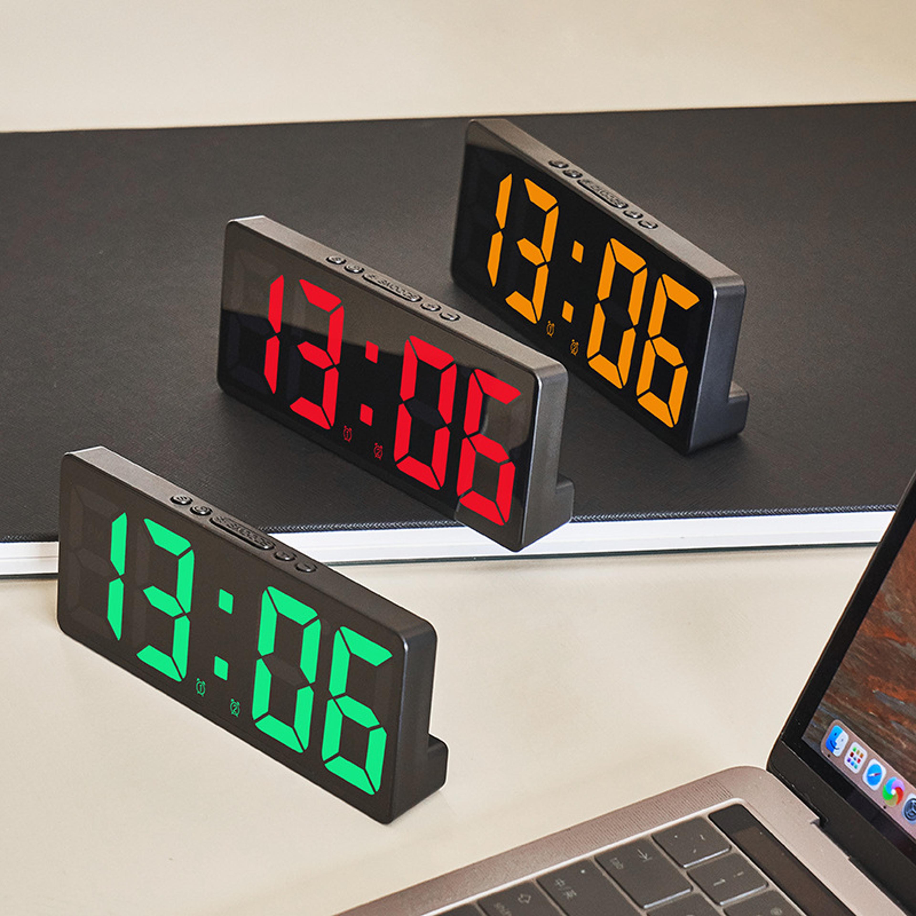 modern led alarm clock with rgb display, temperature & calendar digital bedside clock