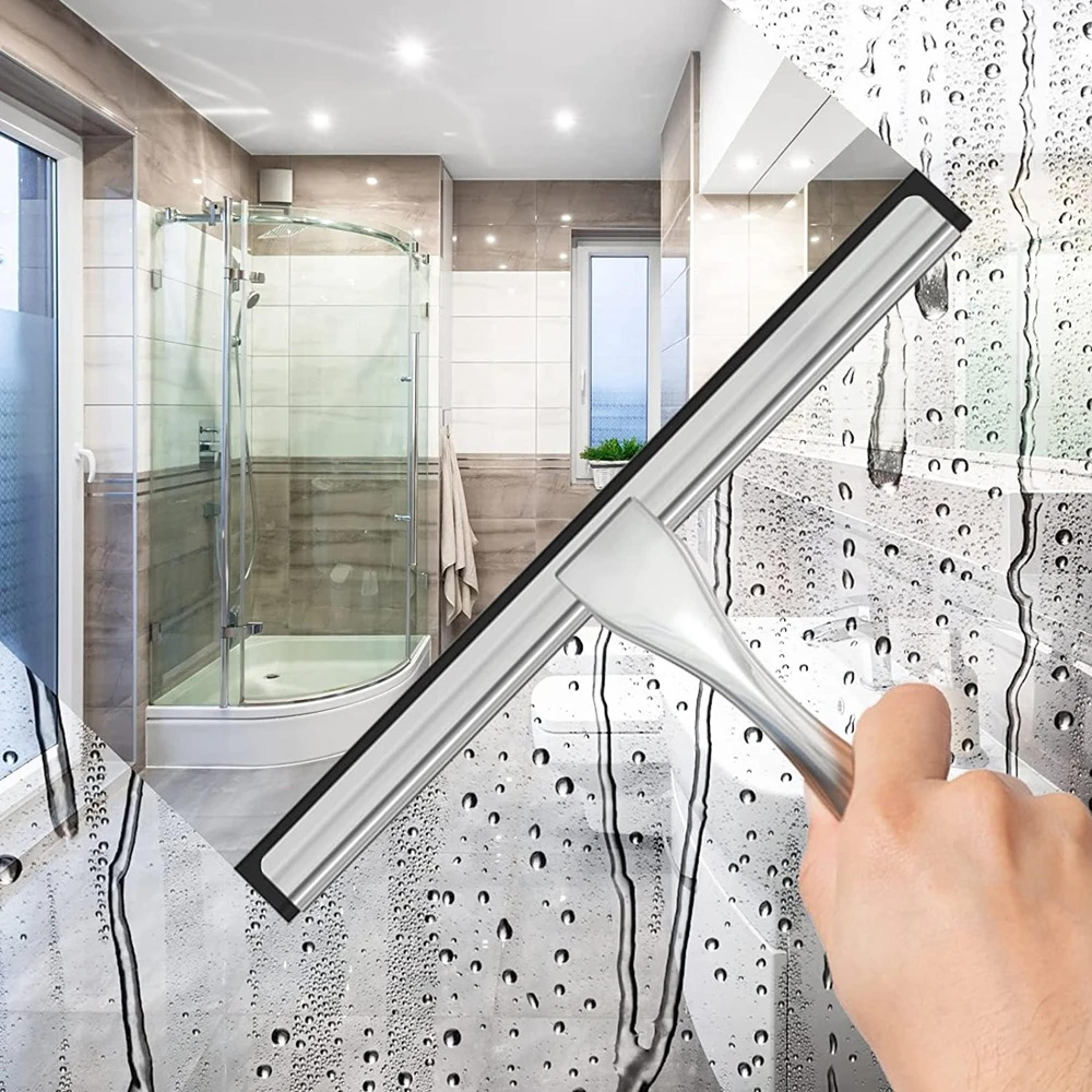 stainless steel shower squeegee with hook wall mount for shower doors, mirrors & windows