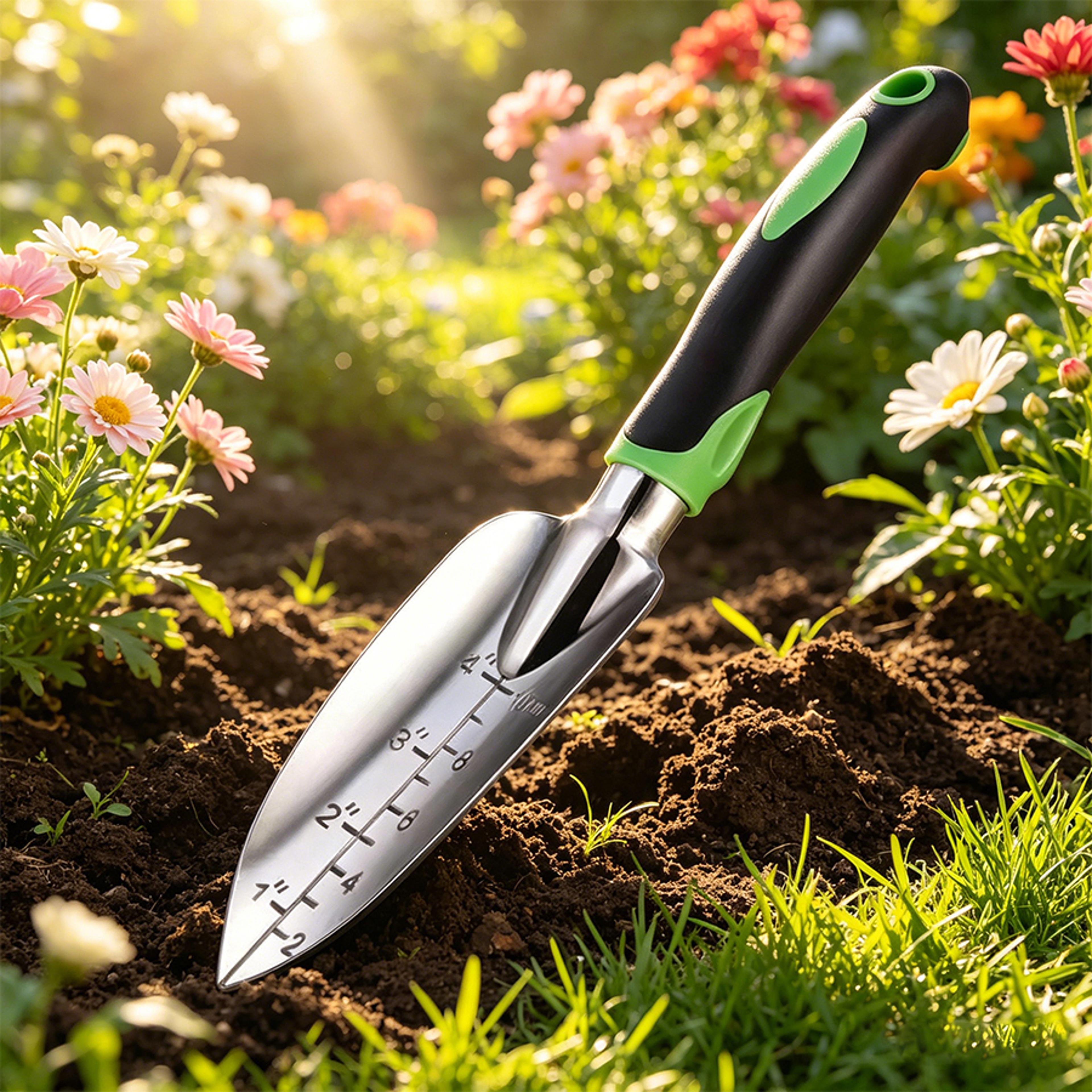 heavy duty stainless steel garden trowel with depth markings & ergonomic soft grip handle