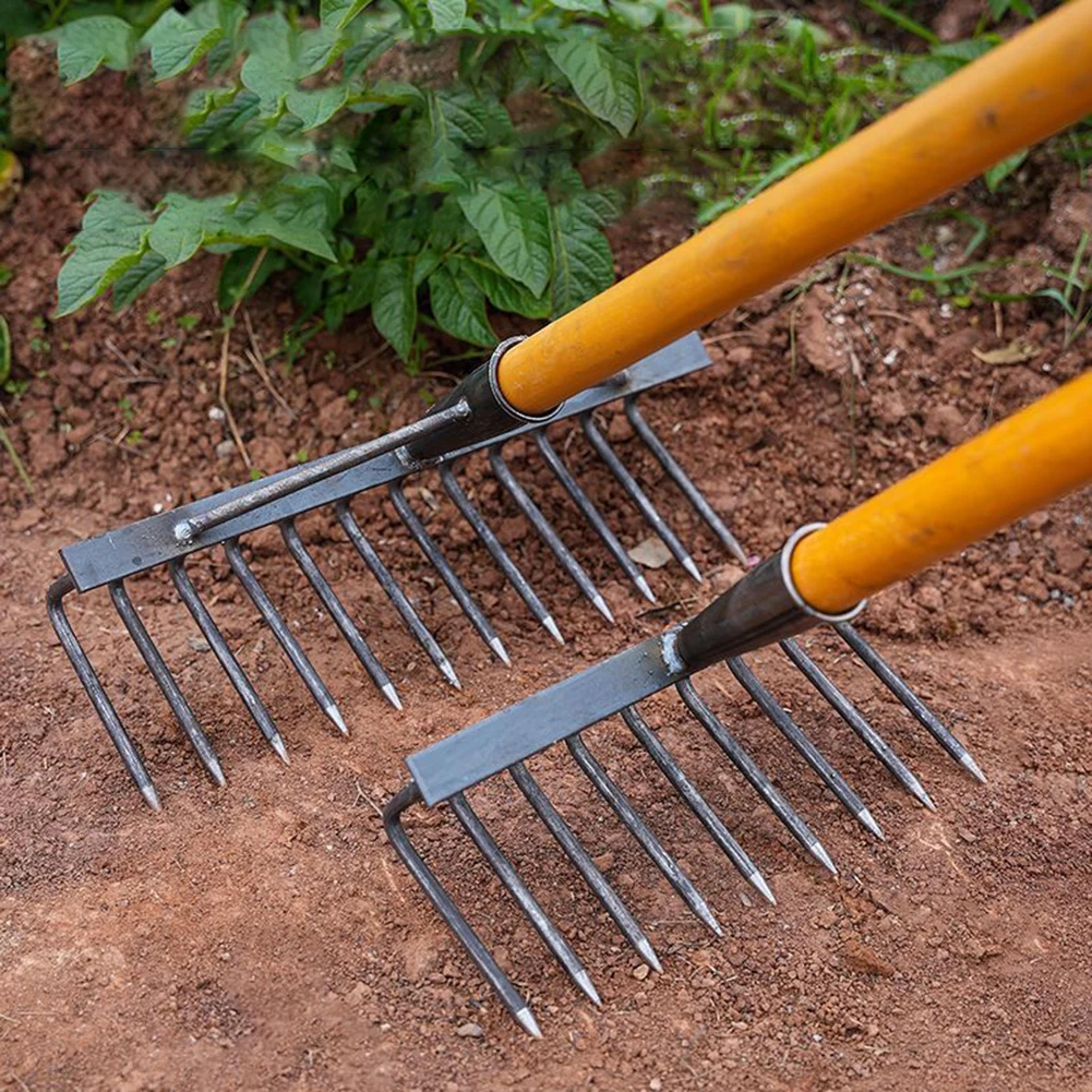 heavy duty garden rake carbon steel weeding rake for soil loosening & garden cultivating
