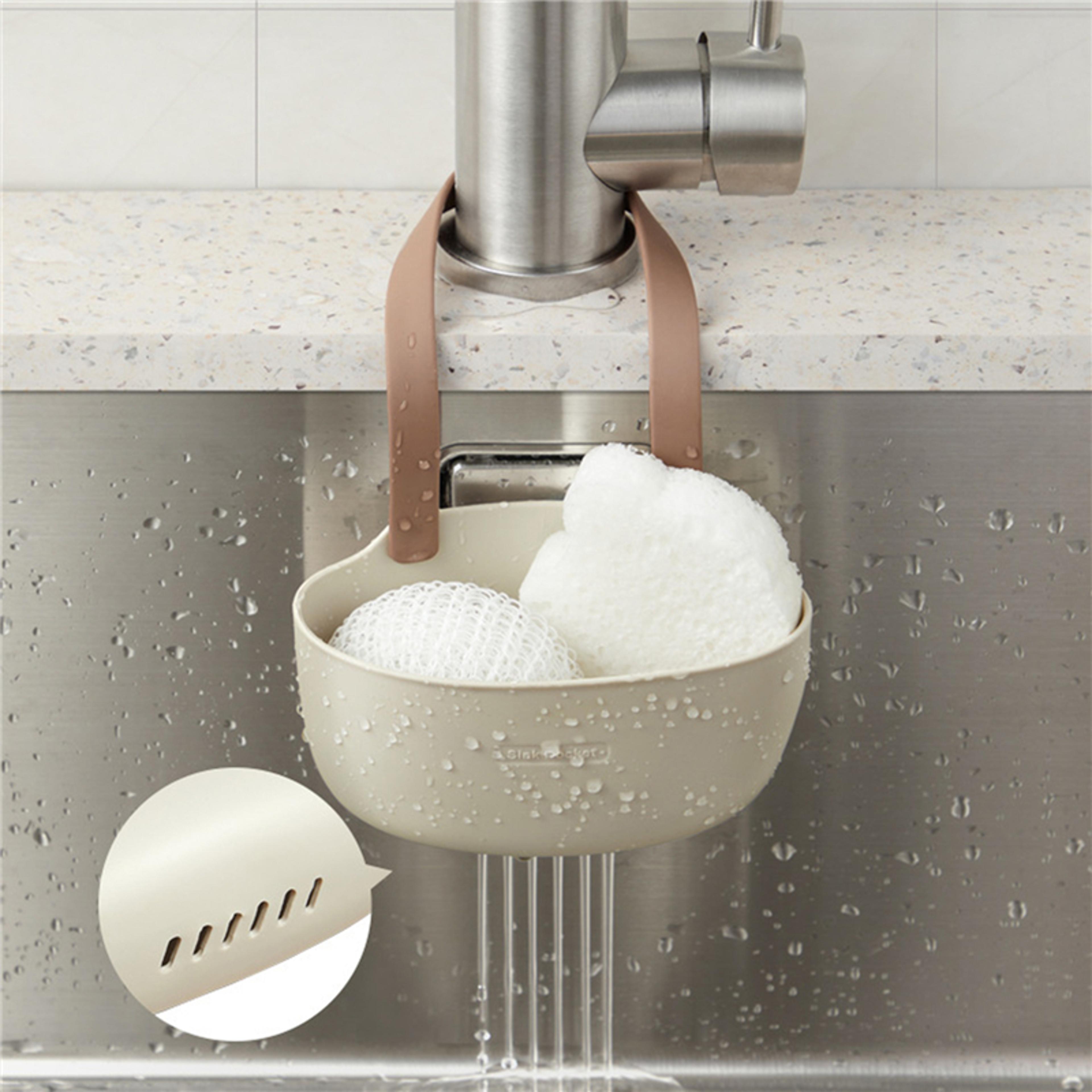 adjustable kitchen sink sponge holder faucet drain basket organizer & soap caddy