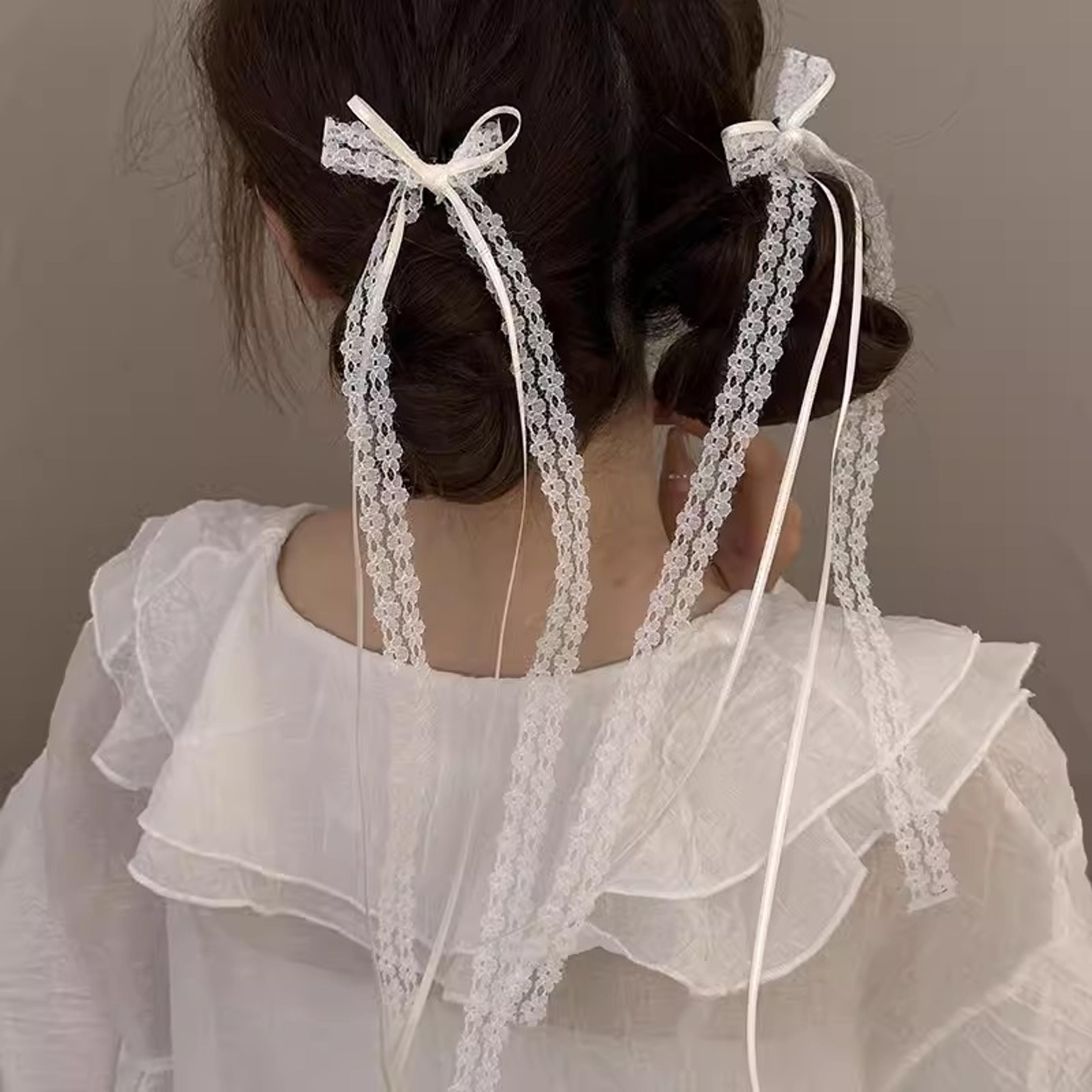 sweet lace bow hair clip set of 2 white ribbon tassel barrettes for women & girls