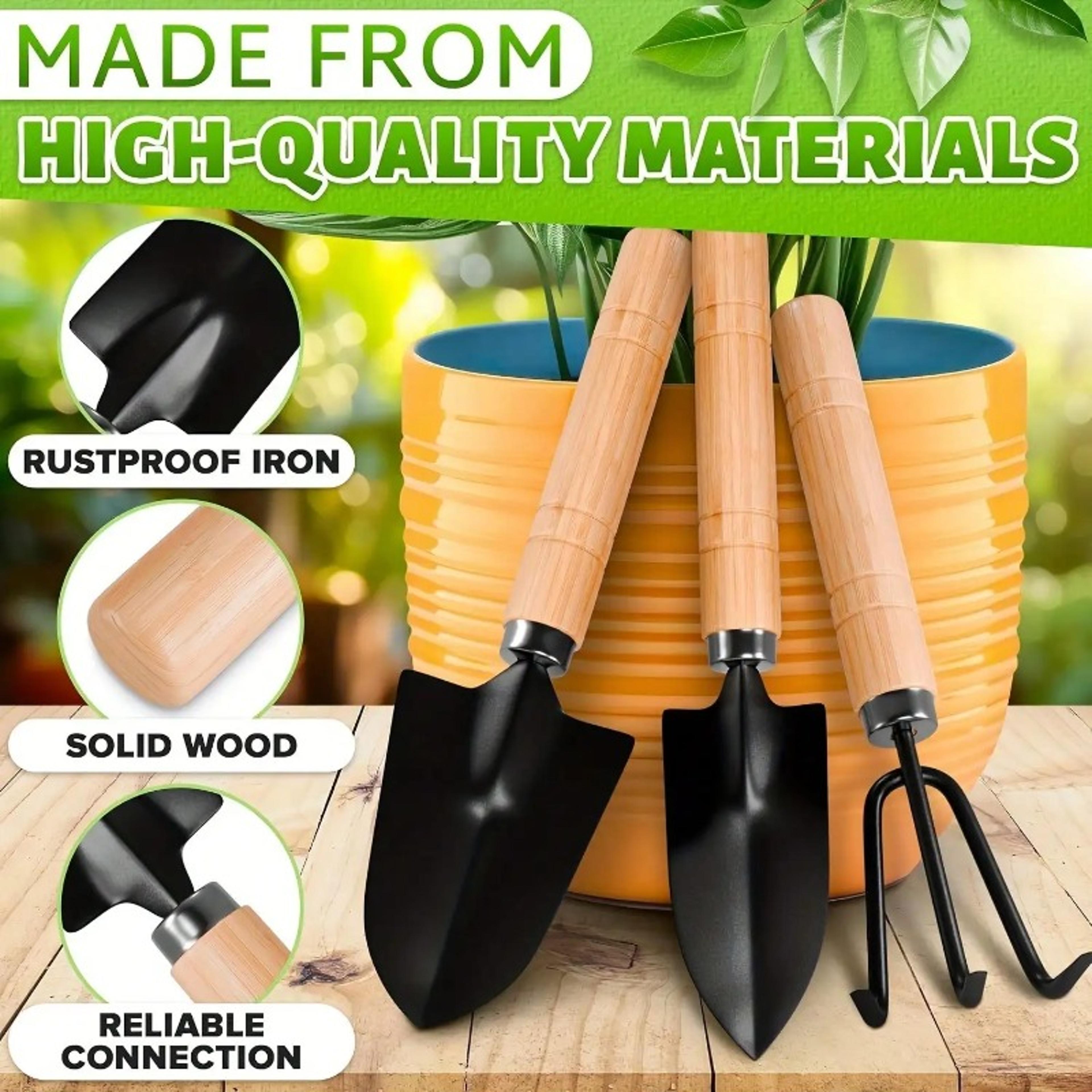 mini gardening tools set with wooden handles – 3-piece indoor gardening tools for succulents, bonsai & houseplants