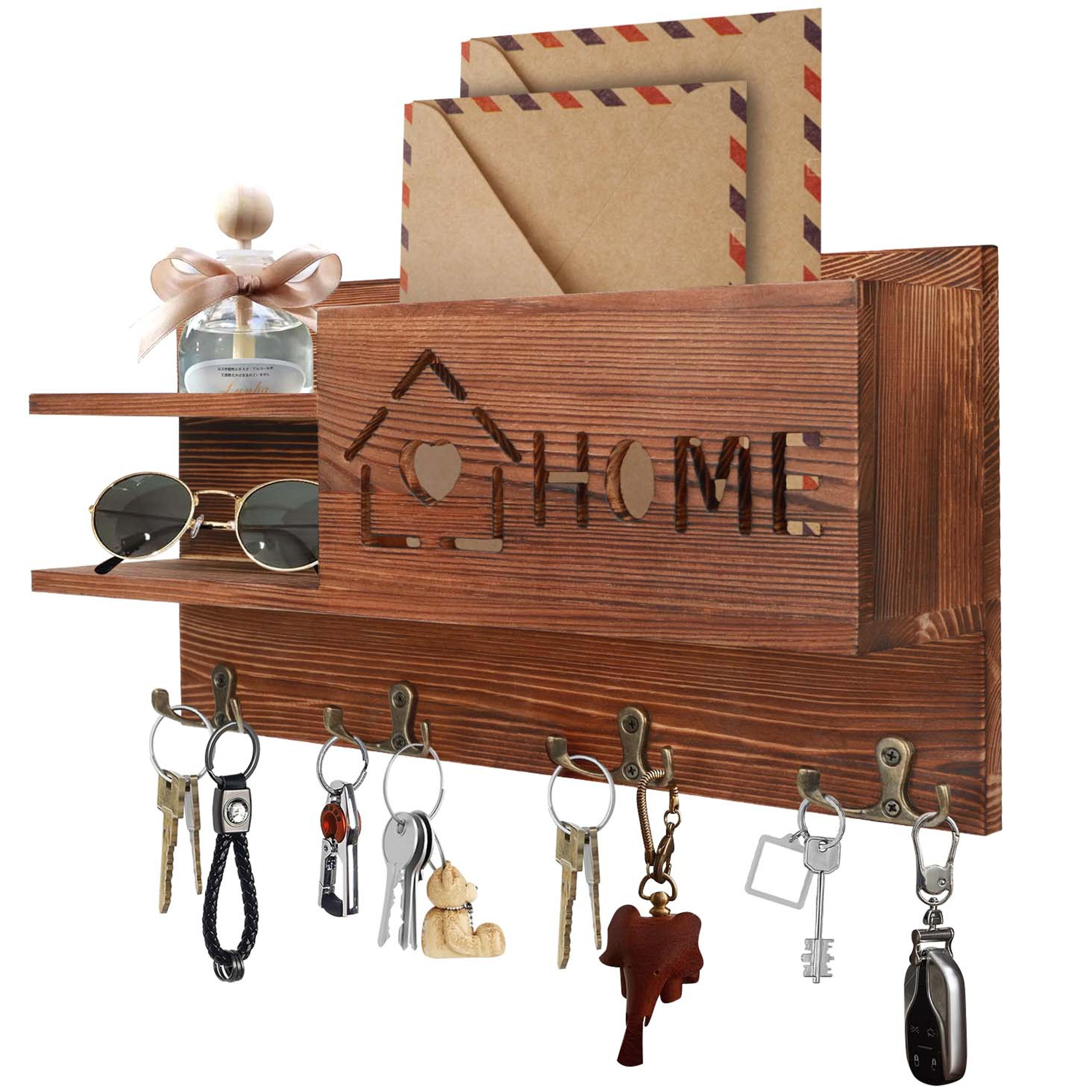 rustic mail and key holder wall organizer with wooden mail shelf & 4 double hooks for entryway