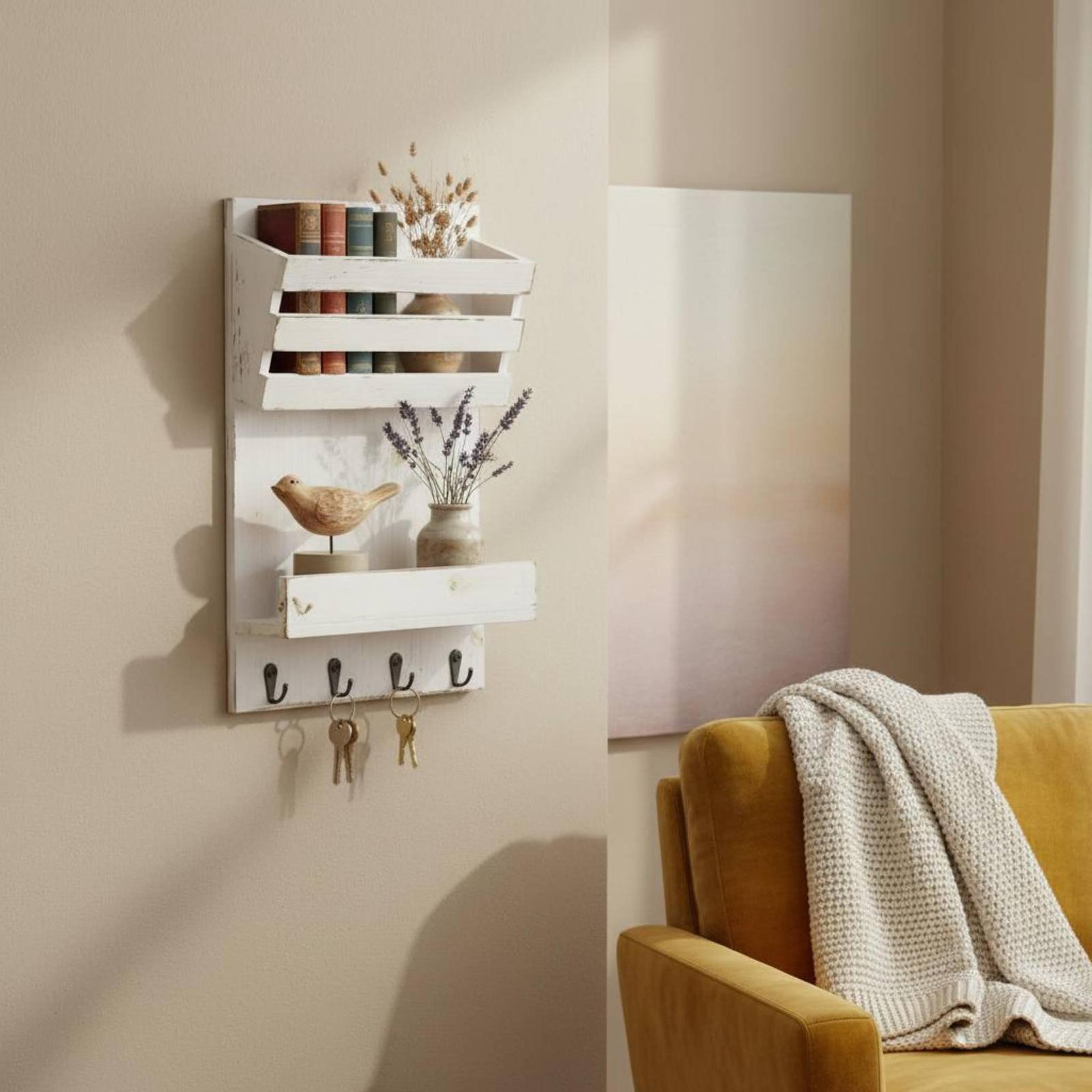 rustic wall mail organizer with hooks & shelf | wooden entryway key holder
