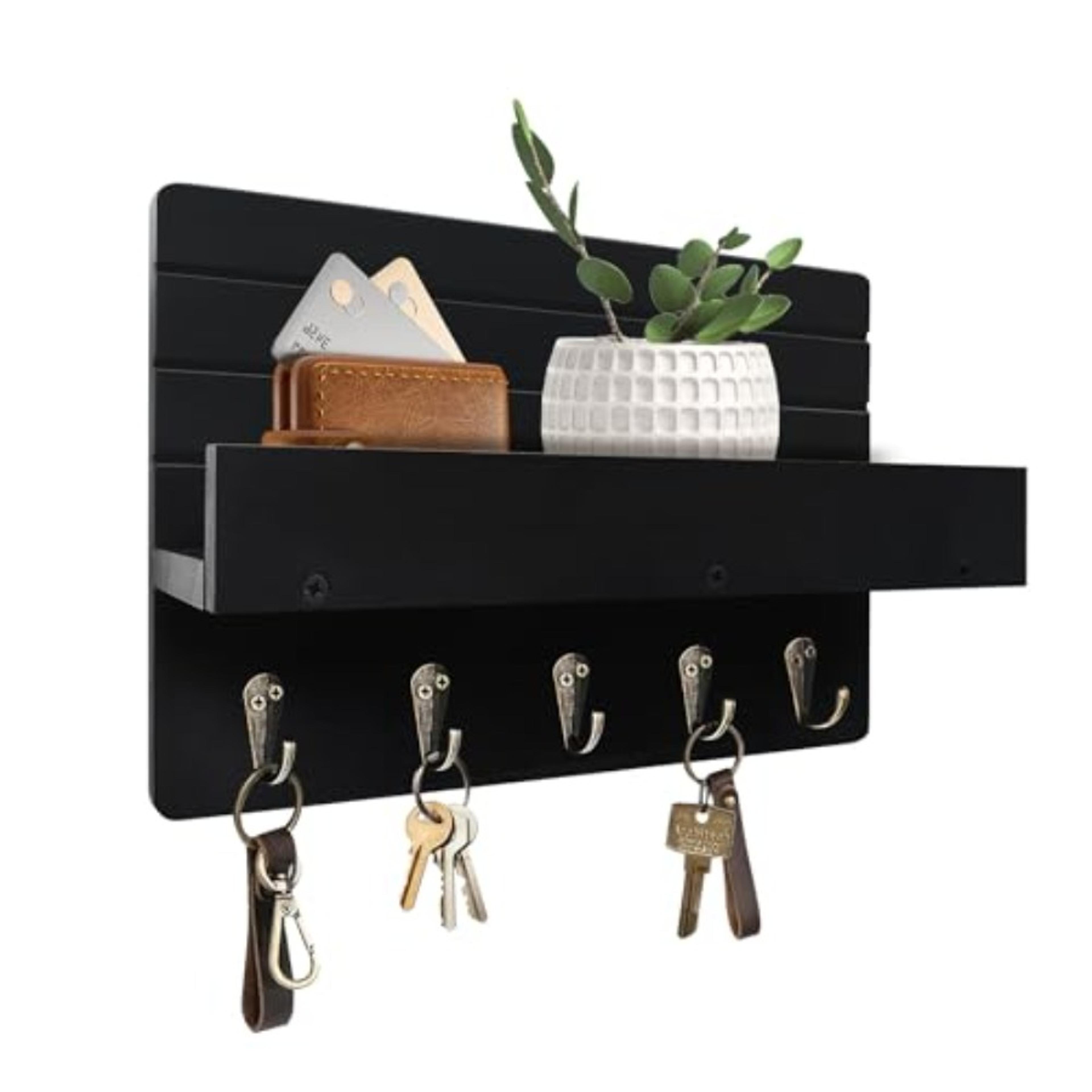 rustic key holder wall mount with shelf and hooks for entryway mail & key organization
