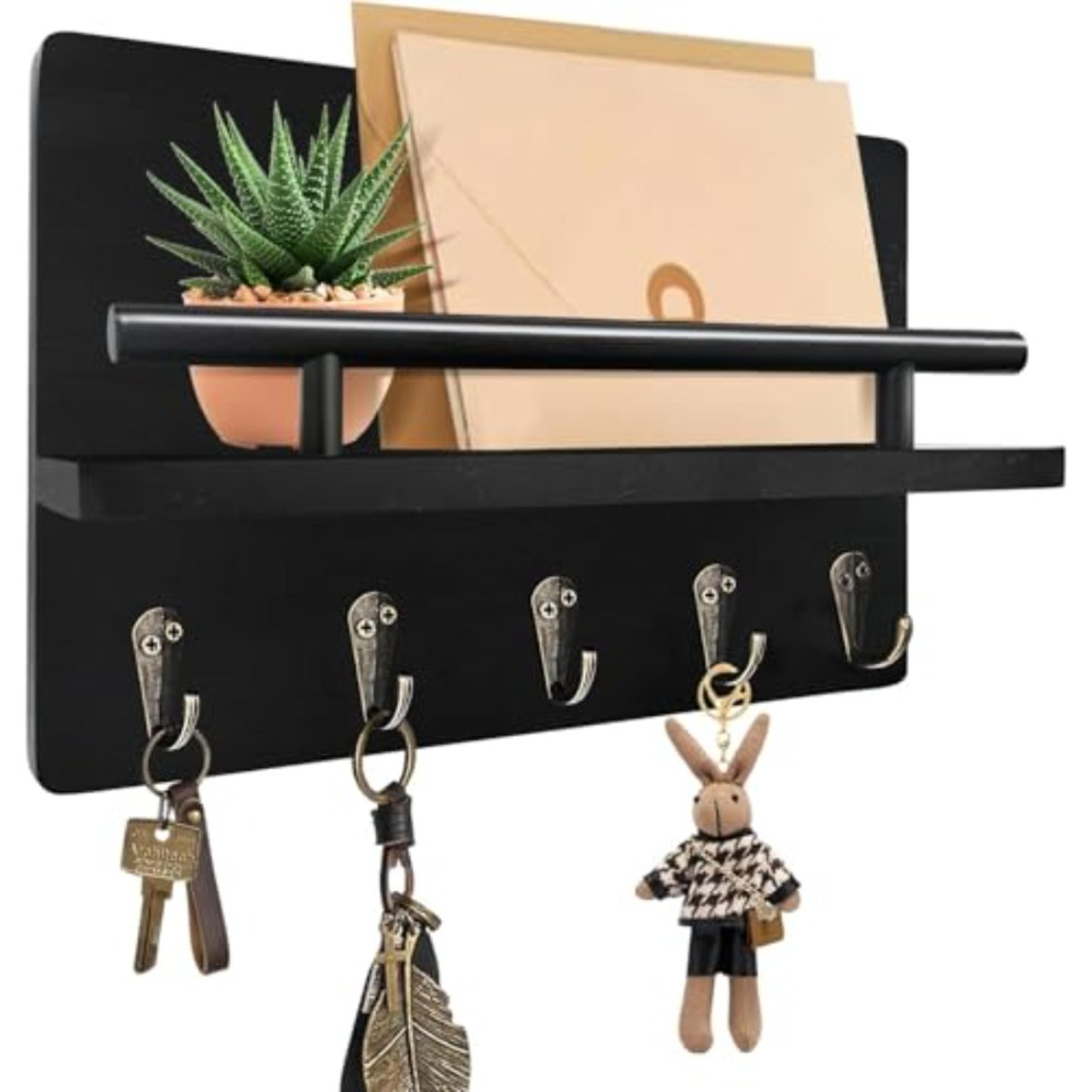rustic key holder wall mount with shelf & hooks wooden entryway mail organizer