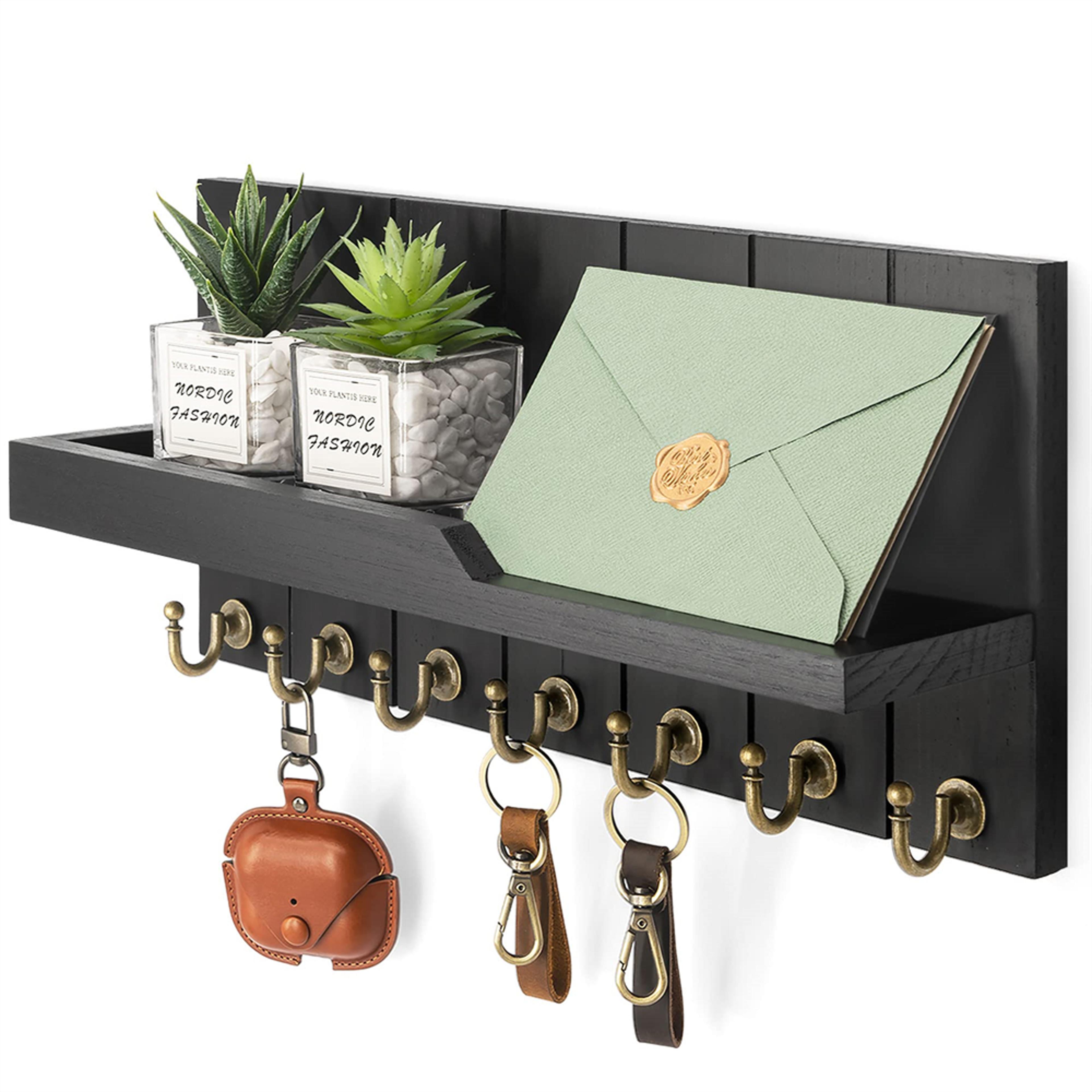 rustic wall key holder with shelf & hooks entryway mail organizer