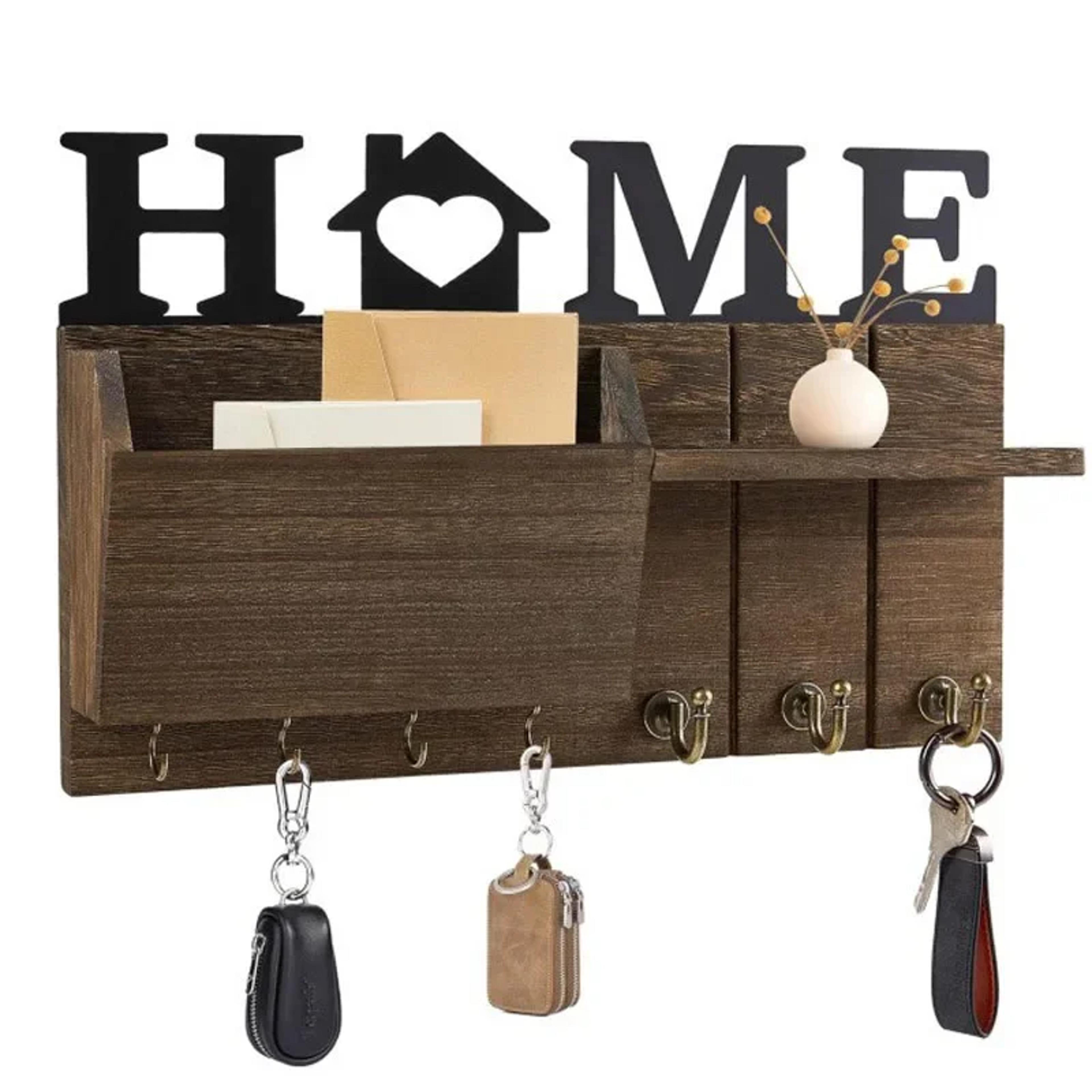 wooden wall key holder with shelf and mail organizer for entryway storage