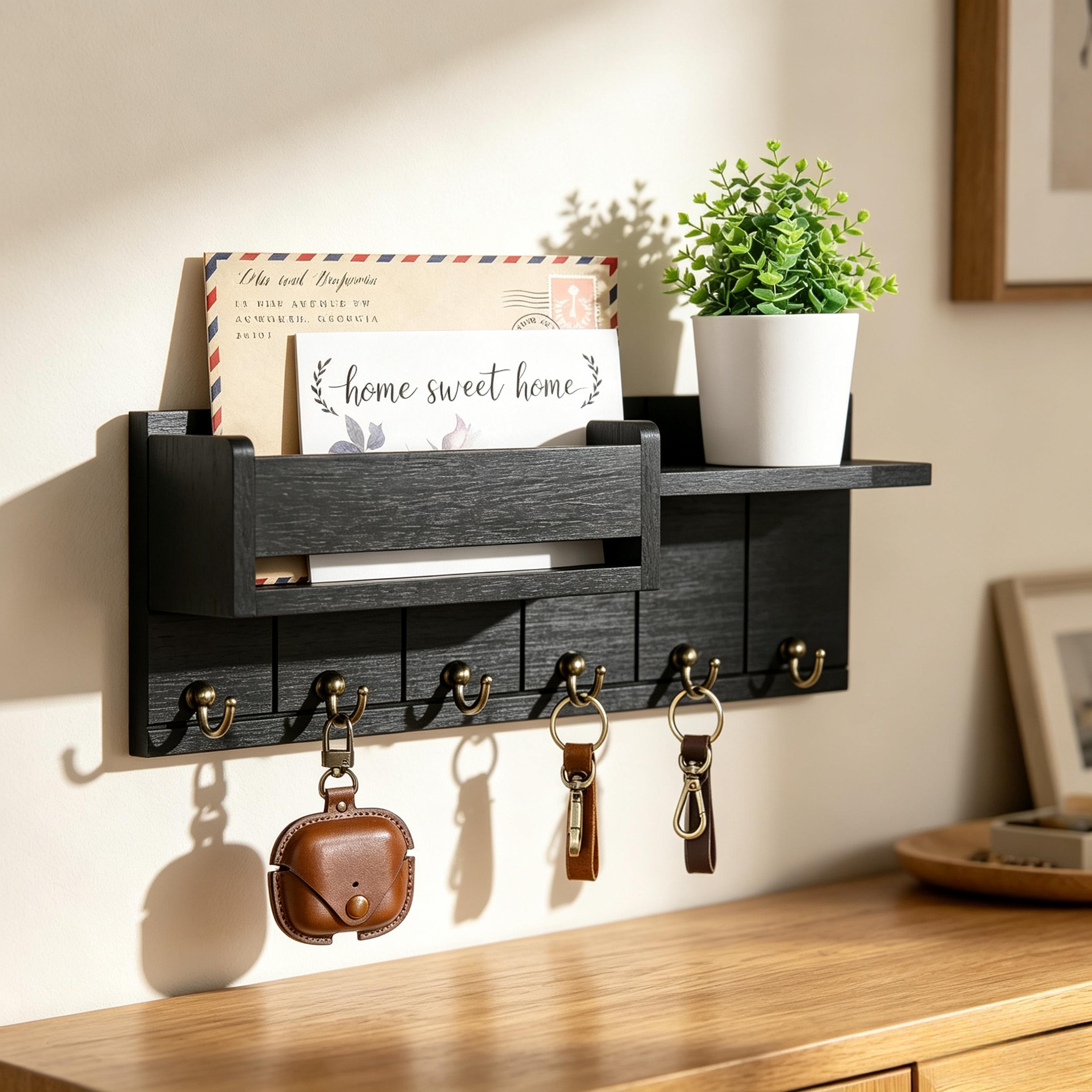 vintage wall mounted key rack with mail holder & top shelf, farmhouse wooden entryway organizer