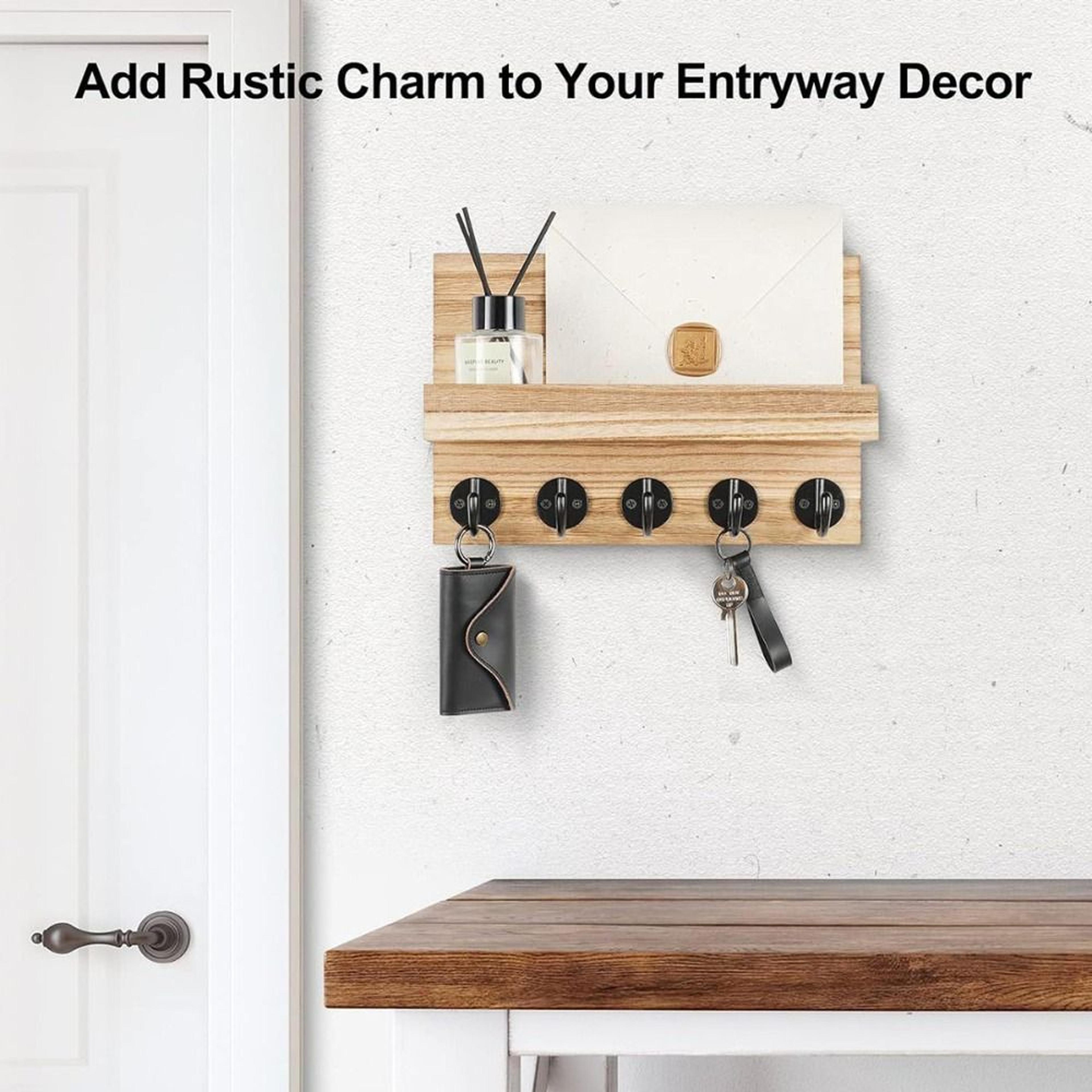 rustic key holder for wall with shelf, mail organizer & wooden hooks for entryway