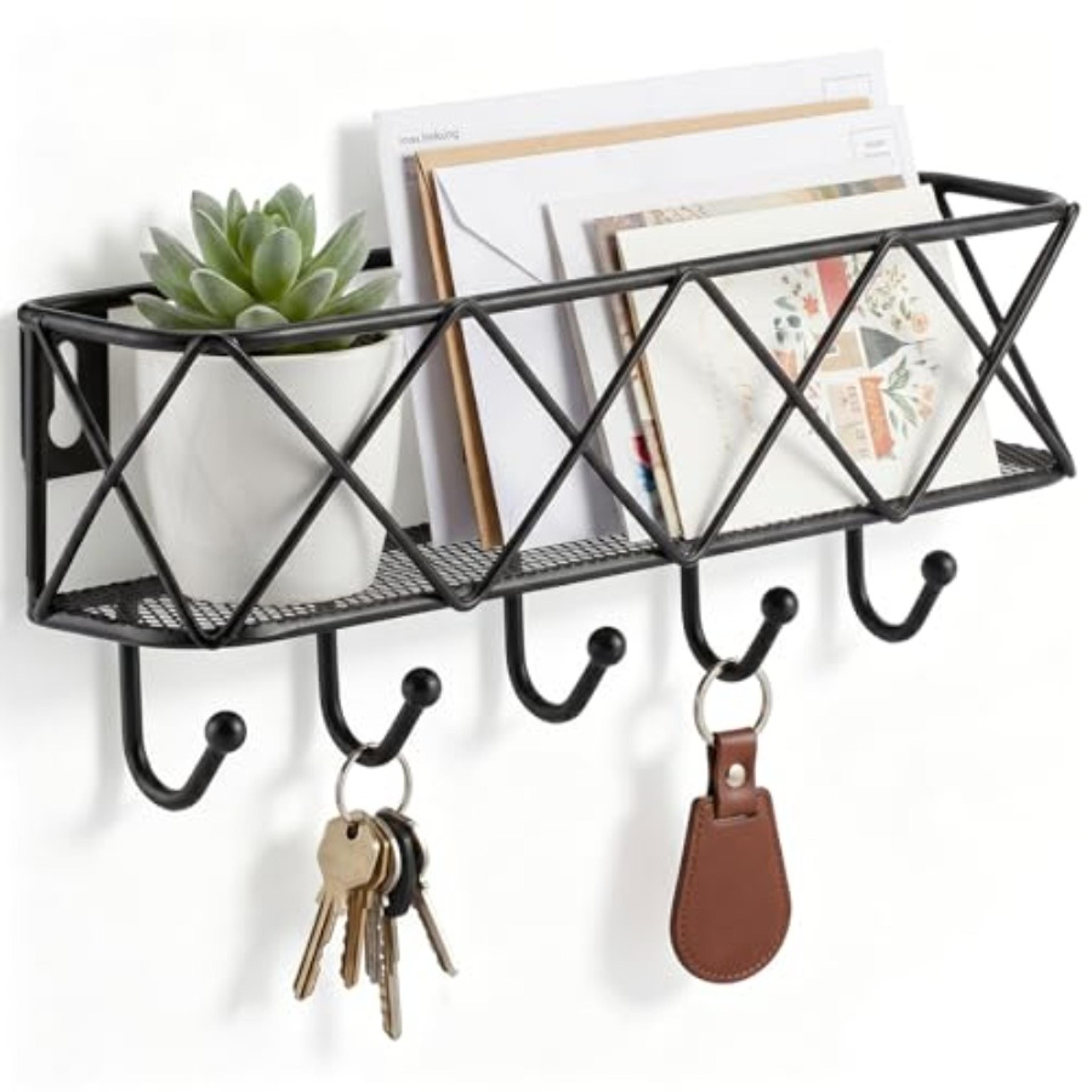 key holder wall mount with mail organizer for wall, metal wall key rack with hooks for entryway storage