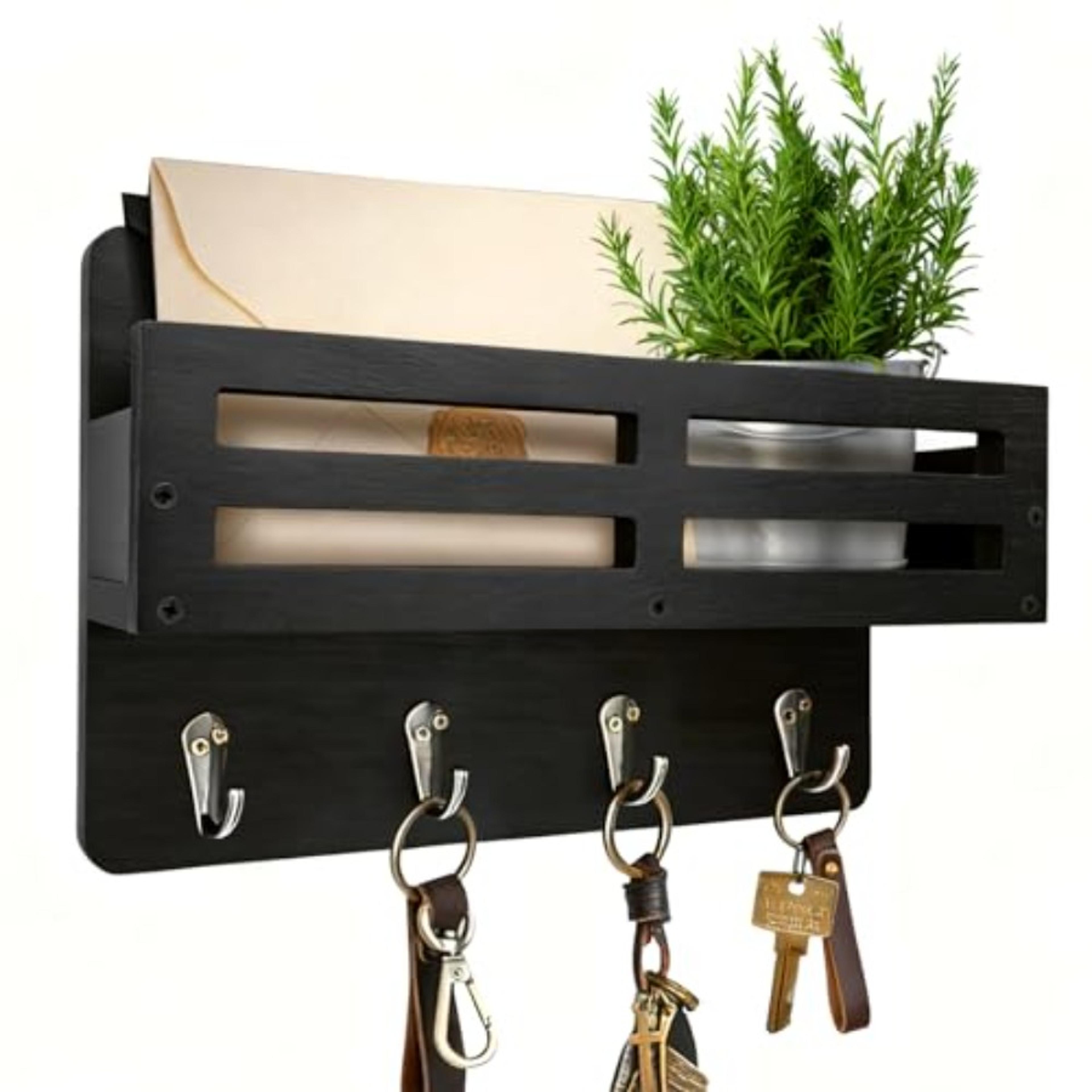 rustic key holder wall mount with mail organizer for wall, hooks & entryway storage shelf