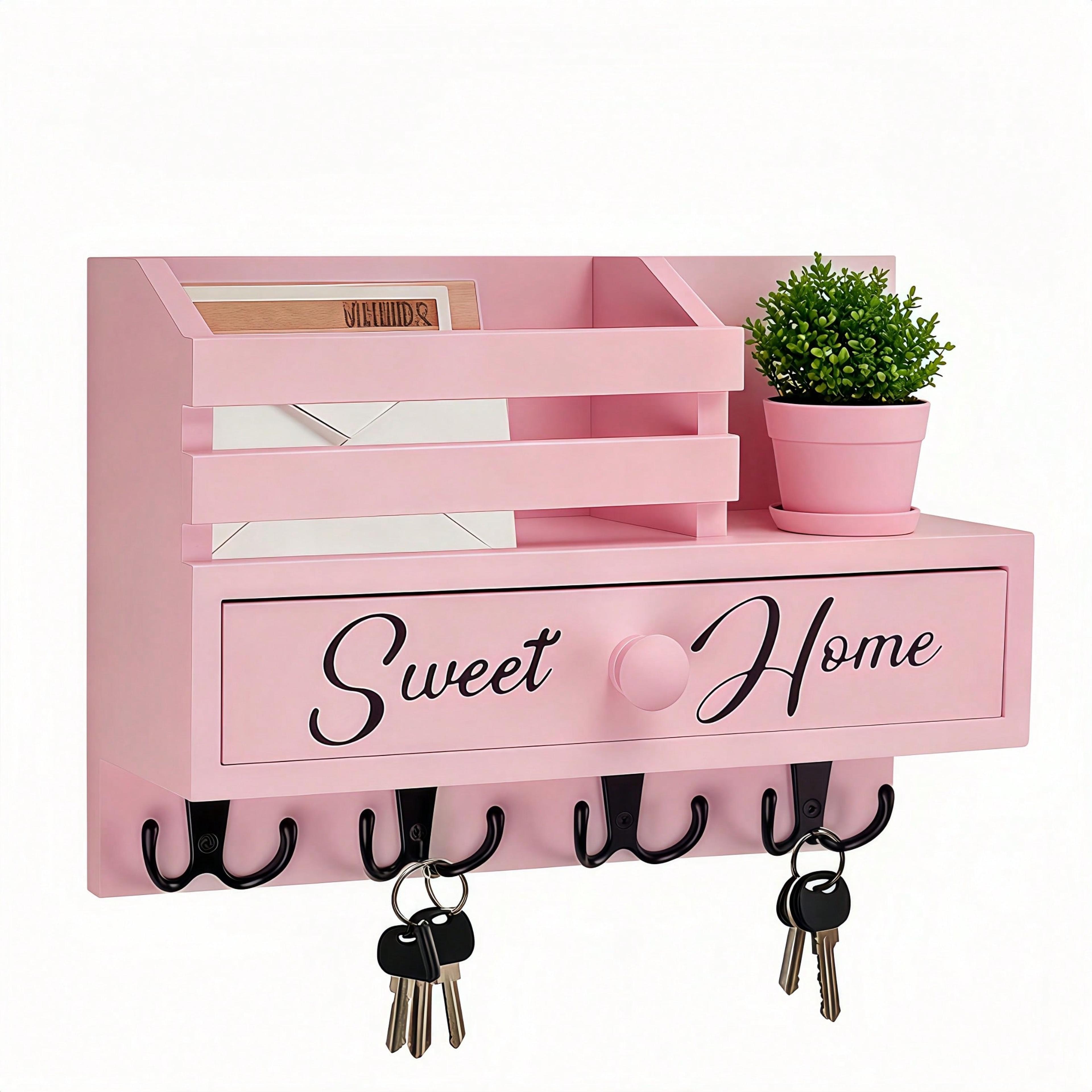 rustic key holder wall mount with 8 hooks, storage drawer & mail organizer for entryway