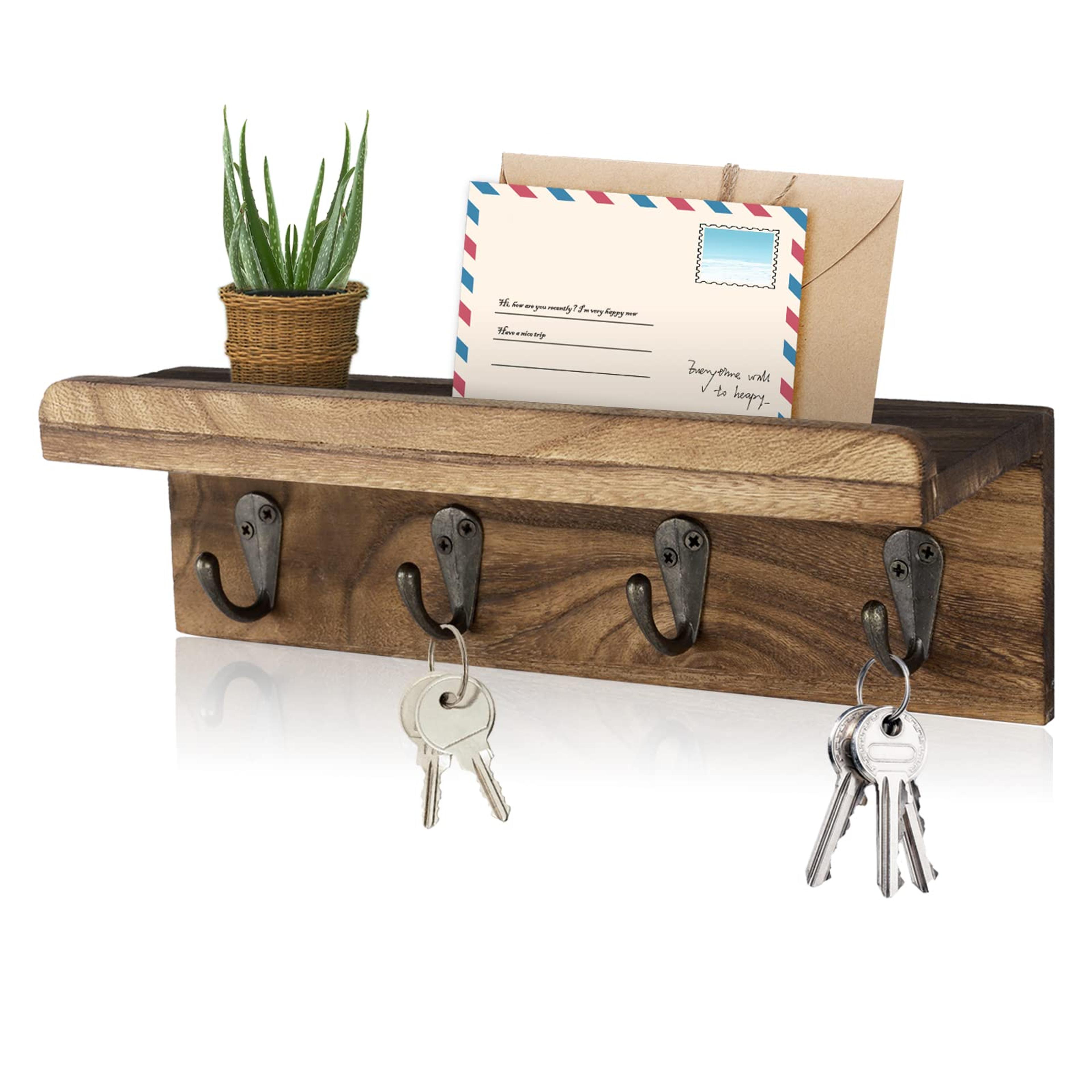 rustic key holder for wall with floating shelf & hooks farmhouse entryway organizer