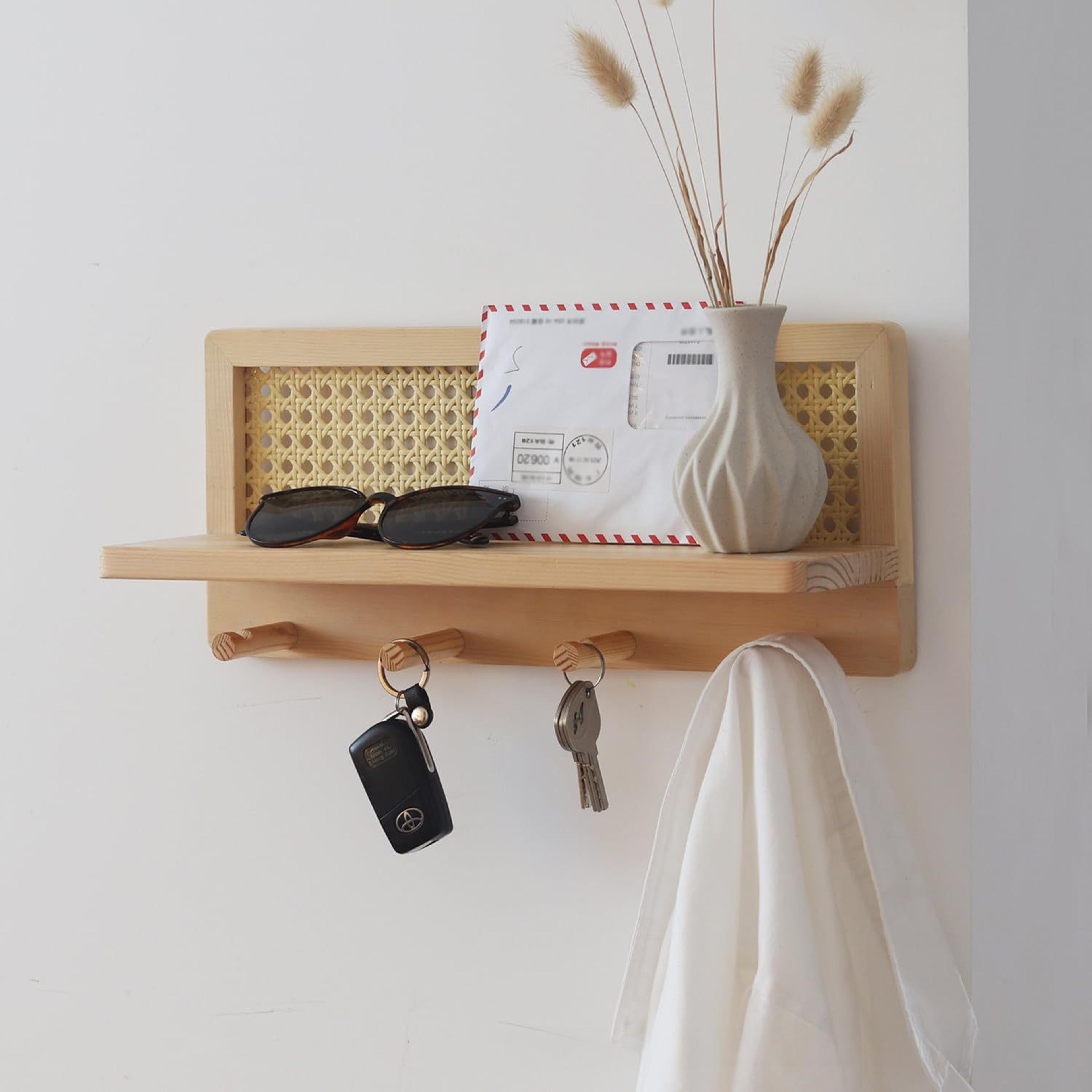 rustic wall key holder with rattan magazine storage rack & wooden entryway organizer