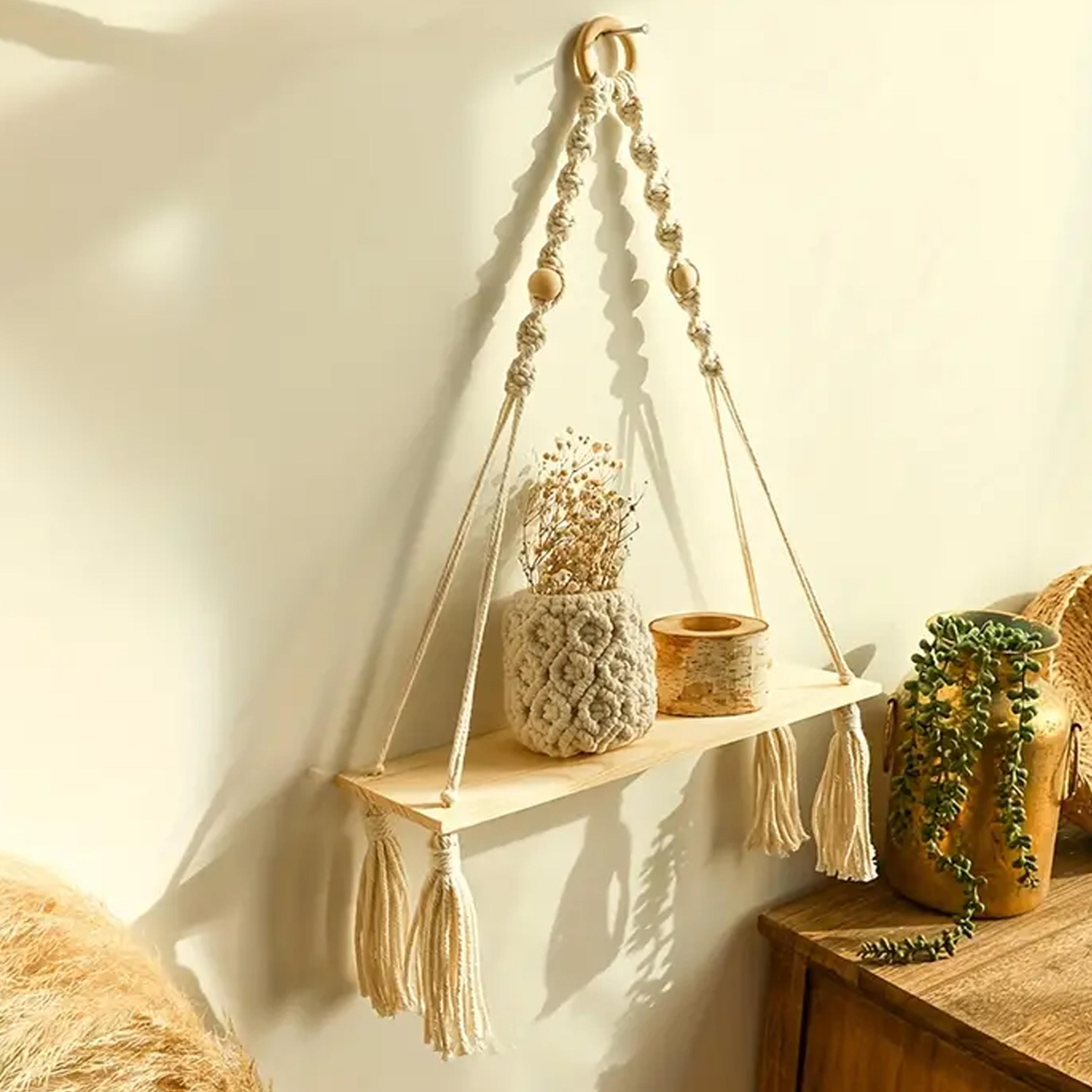 boho macrame hanging shelf rustic wood floating wall shelf for bedroom, nursery & living room