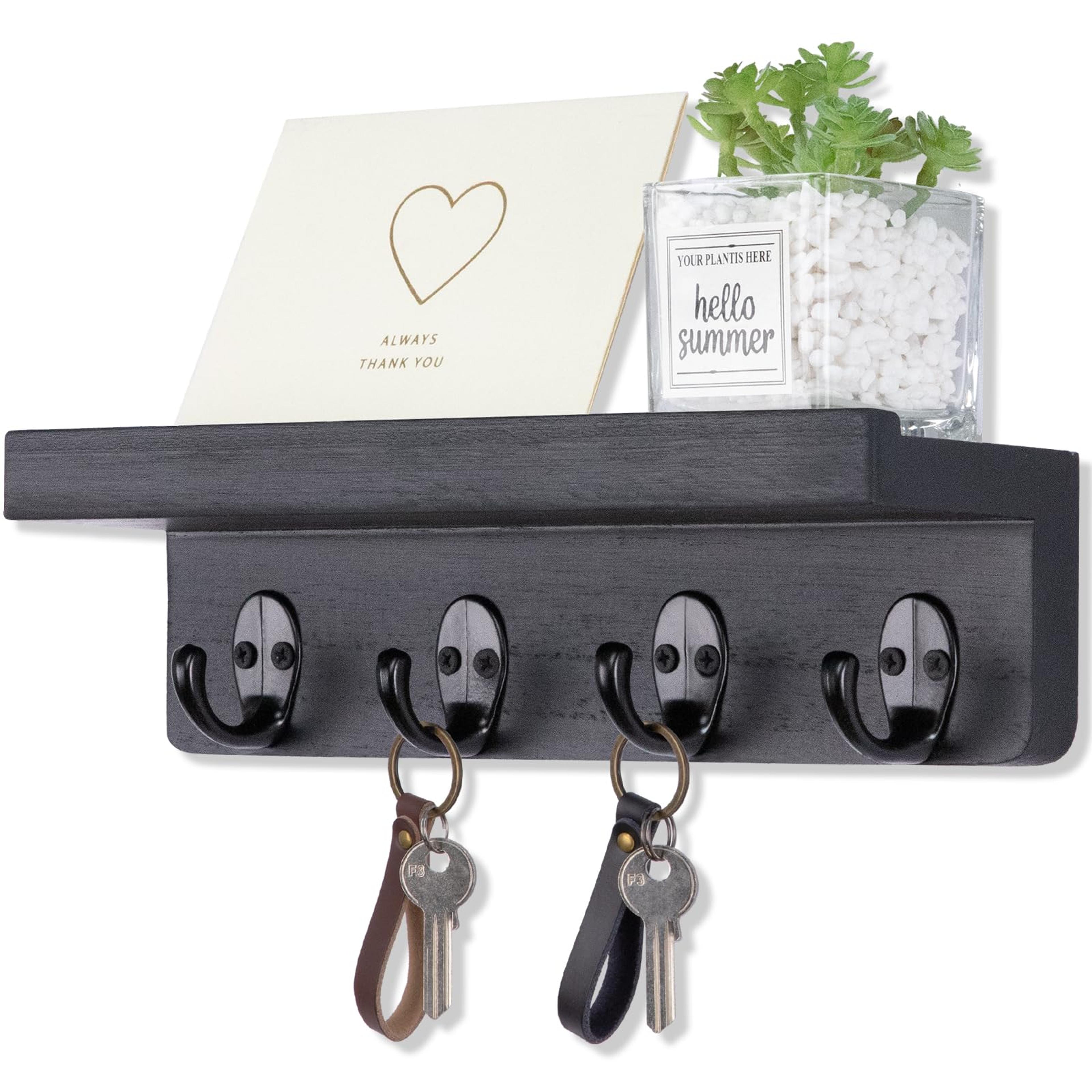 rustic wall key holder & mail organizer for entryway with 4 hooks and wooden floating shelf