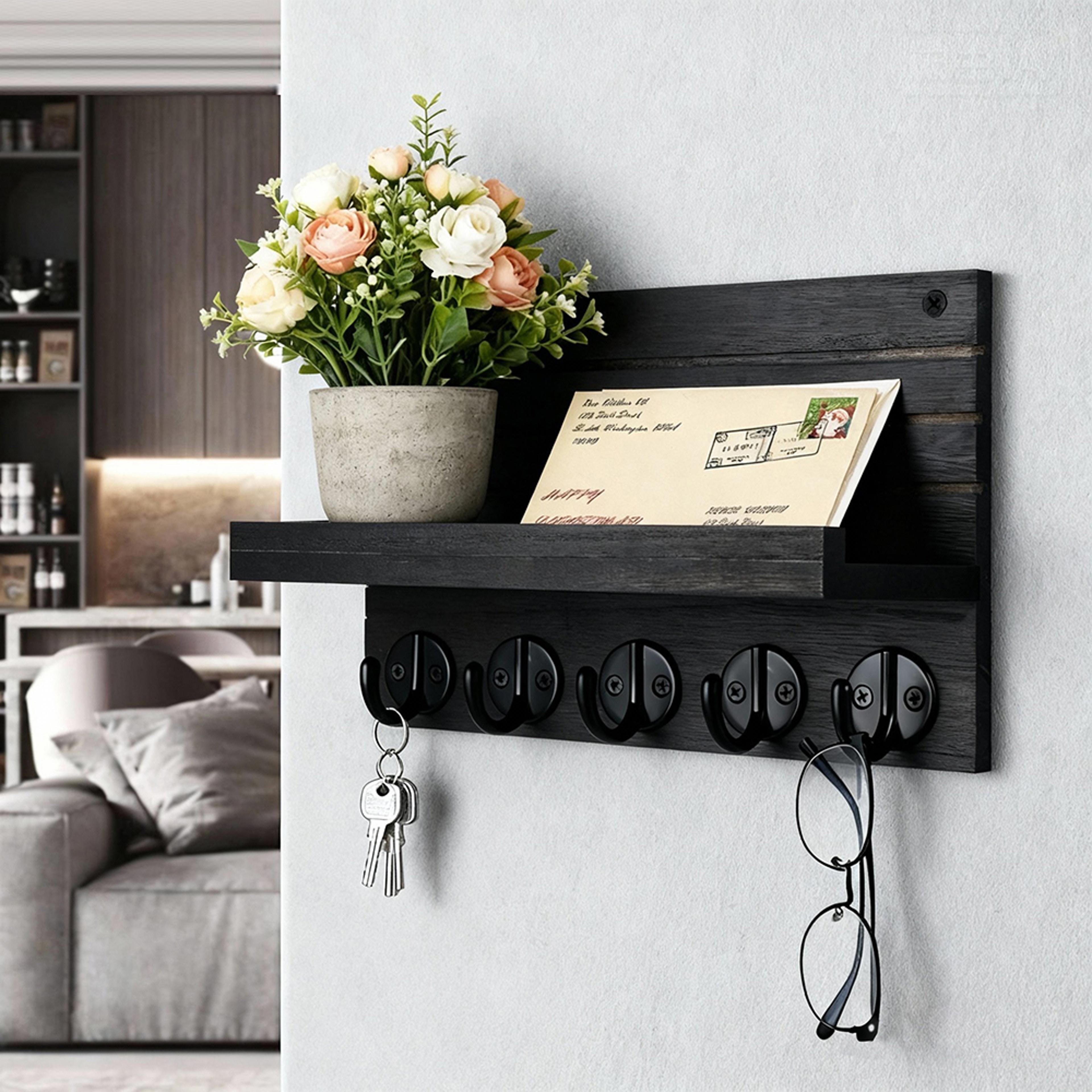 wall mounted key organizer with shelf & hooks wooden entryway mail and key holder