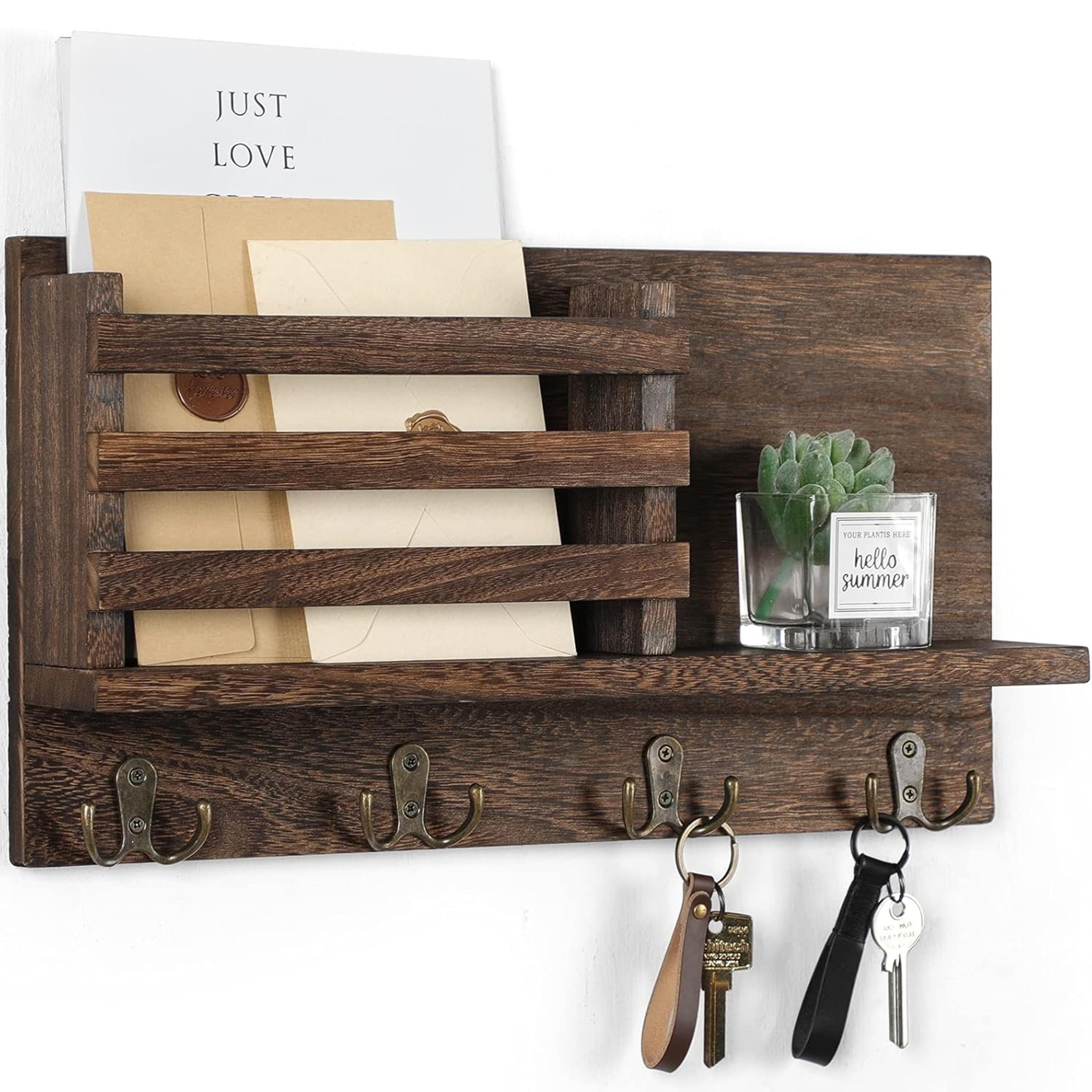 rustic key holder for wall with shelf, wooden entryway organizer with 4 double hooks