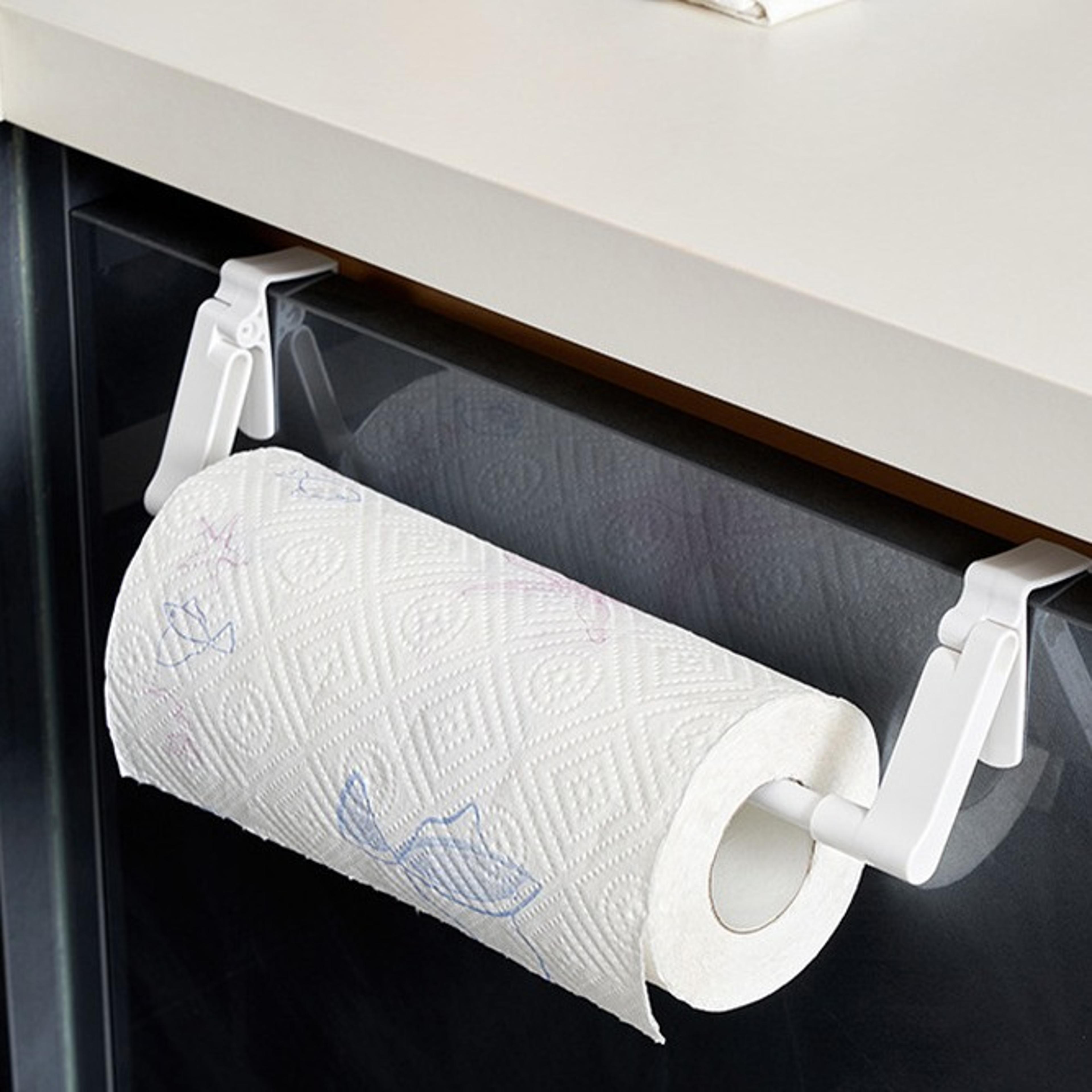 space saving kitchen paper towel holder and plastic wrap storage rack